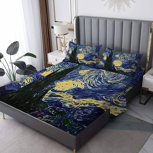 MPNVYU Starry Night Van Gogh - Juego de sábanas y fundas de almohada de 3 piezas sábana bajera de bolsillo profundo sábana encimera y funda de