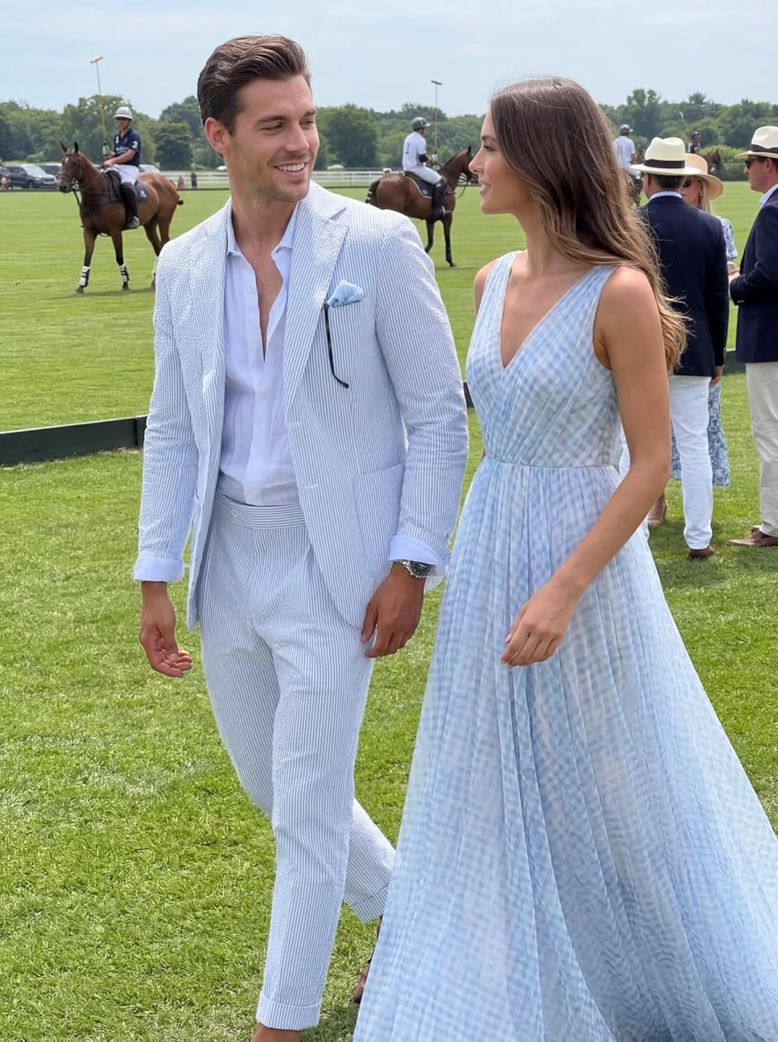 Men's Blue Seersucker Suit 2 Piece Summer Beach Wedding Groom Suit Striped Blazer Pants Set Lightweight Breathable