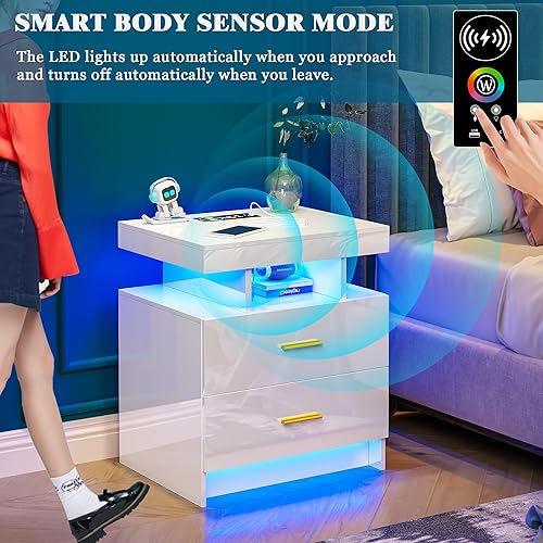 Miniatura 6 de Mesita de noche con luz, mesita de noche de alto brillo con estación de carga USBinalámbrica, mesitas de noche LED blancas con cajones de