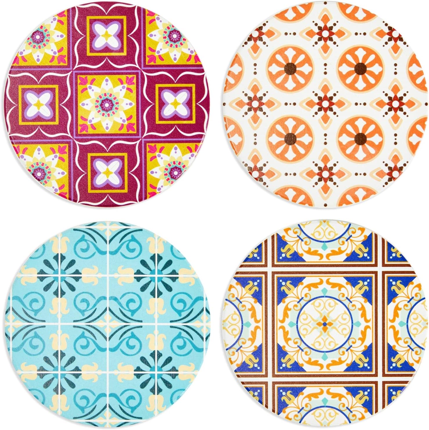 Mediterranean Ceramic Coasters with Cork Base and Iron Holder, Set of 8