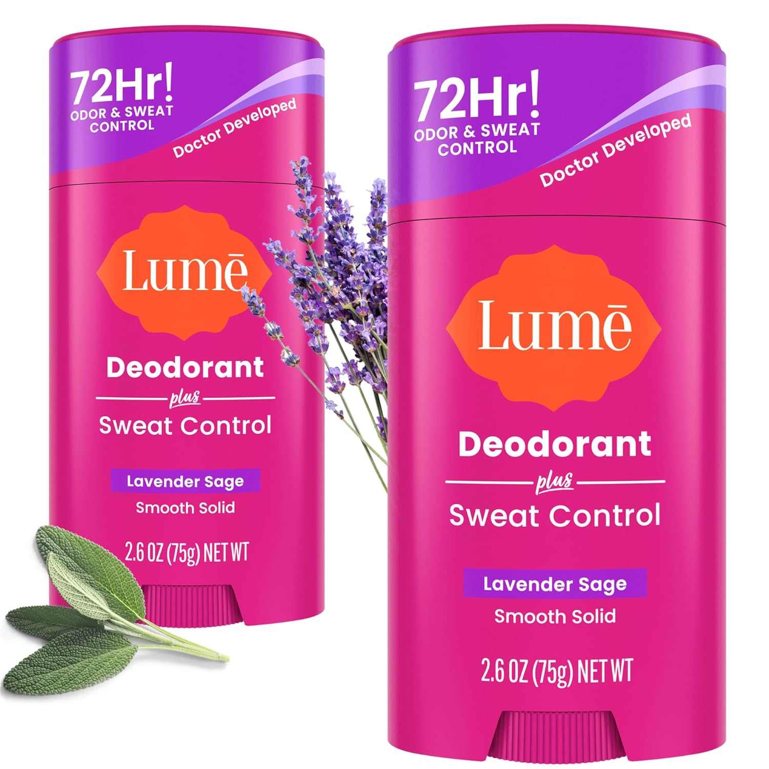 Lume Deodorant Plus Sweat Control – Smooth Solid Stick – Extra Strength Antiperspirant – 72 Hour Odor And Sweat Control – Baking Soda Free, Skin Loving – 2.6 ounce (Lavender Sage) Pack of 2 Lume Deodorant Plus Sweat Control – Smooth Solid Stick – Extra Strength Antiperspirant – 72 Hour Odor And Sweat Control – Baking Soda Free, Skin Loving – 2.6 ounce (Lavender Sage) Pack of 2