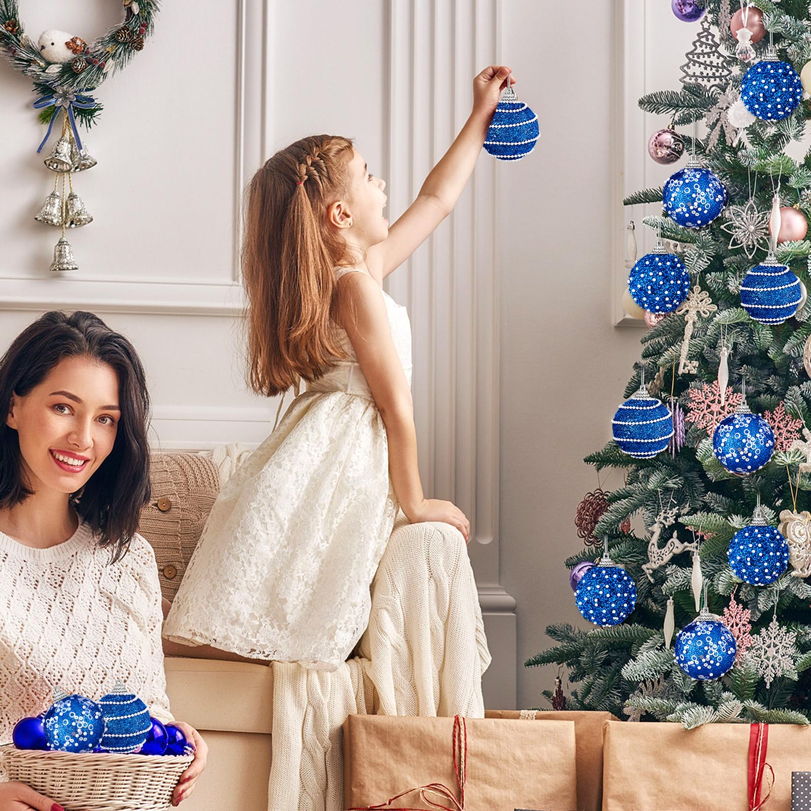 Poen Juego de 12 adornos de bola de Navidad de 2.76 pulgadas, decoración de árbol de Navidad de espuma perlada con purpurina para decoración de árbol de Navidad para boda, fiesta, mesa, corona,
