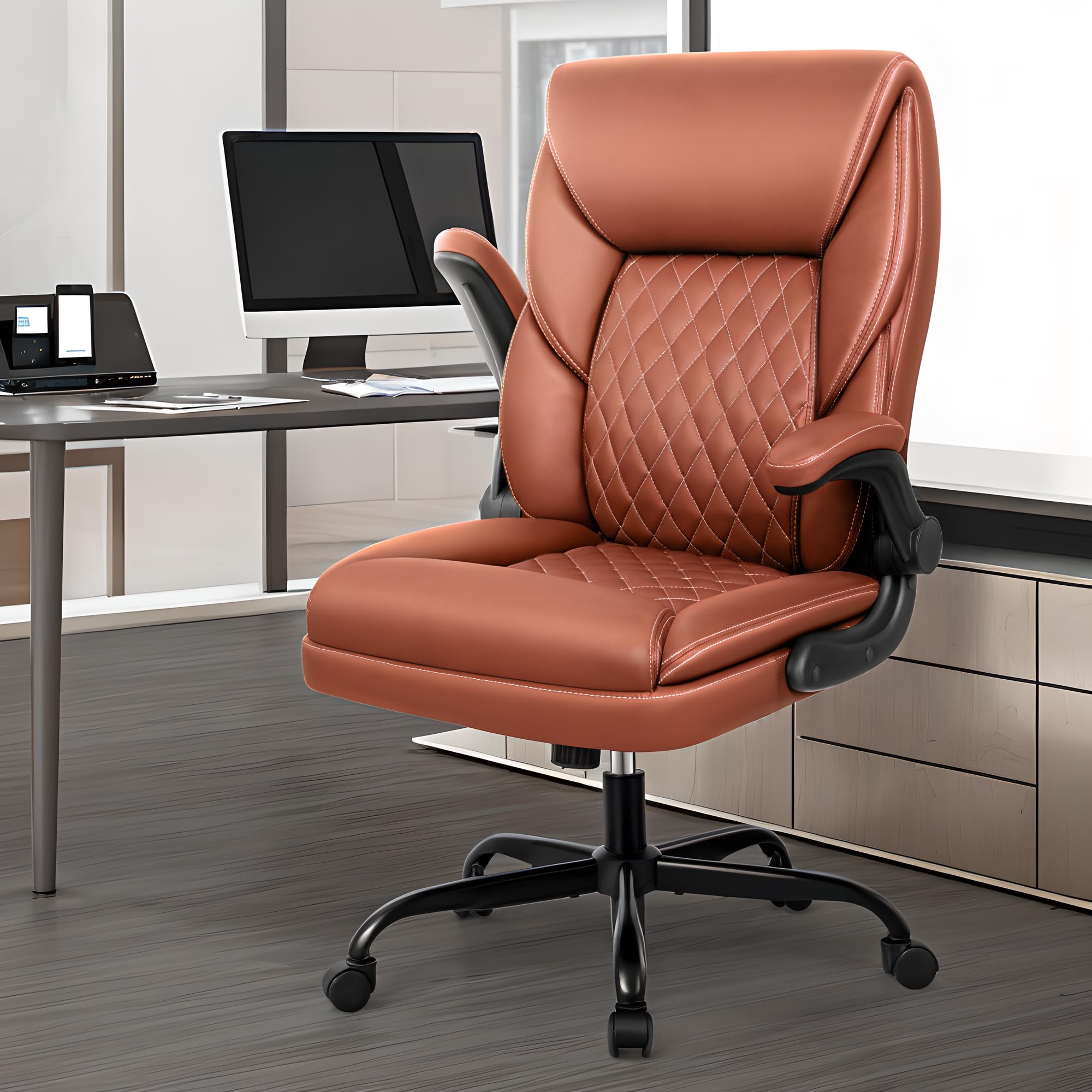 Sedia da ufficio ergonomica con funzione basculante, sedia da scrivania regolabile in altezza, in ecopelle, 150 kg, colore marrone