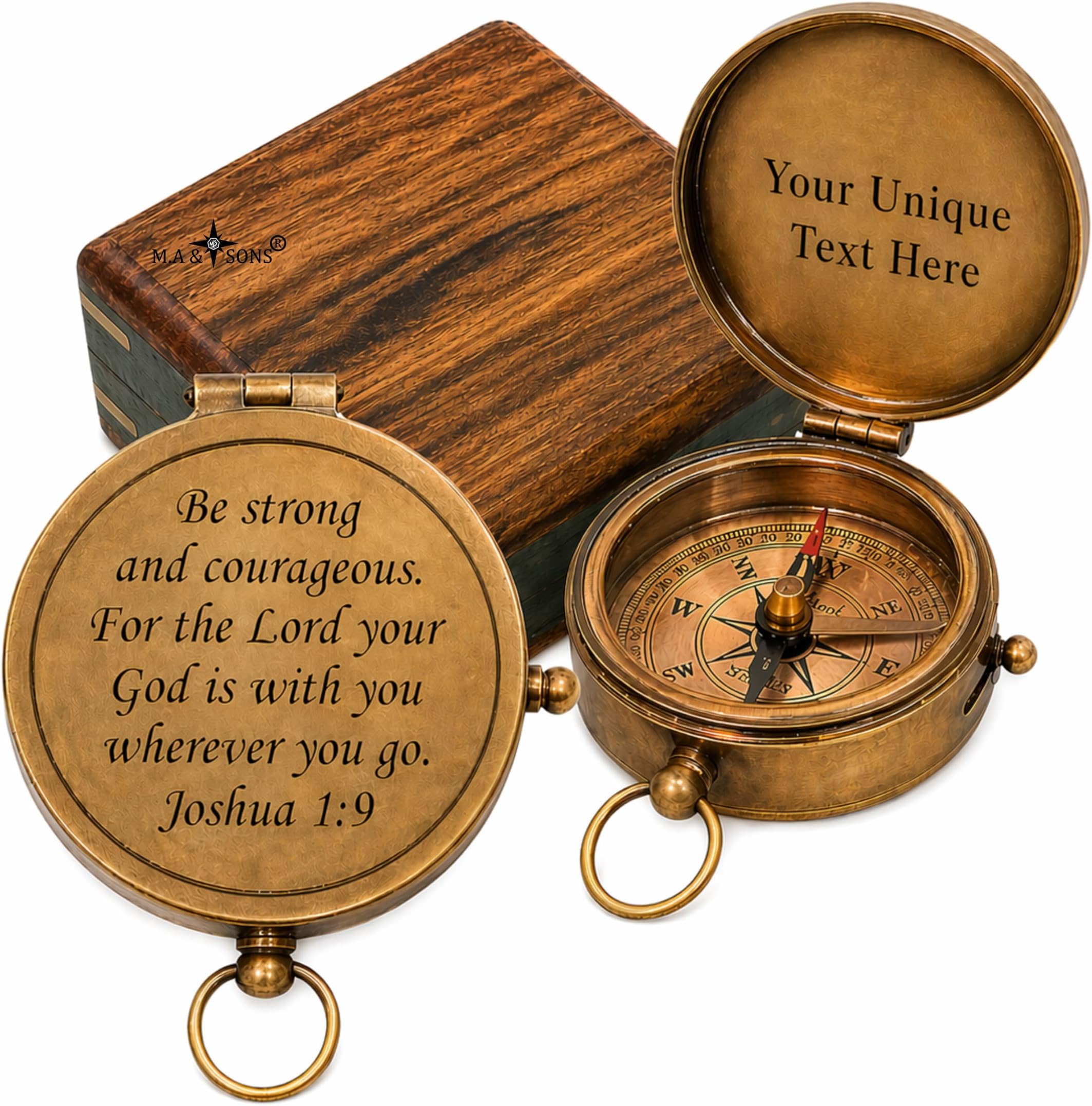 M.A & SONS M.A & SONS Personalized Antique Brass Pocket Compass 2 Inch | Engraved Lid Message, Optional Hardwood Box, Vintage Nautical Gift for Husband, Boyfriend, Dad, Brother