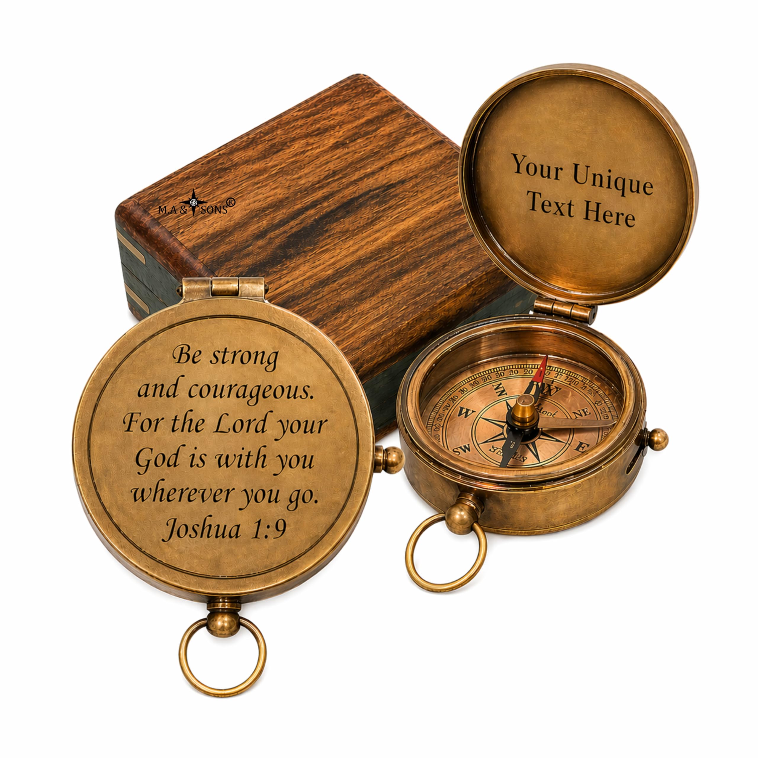 M.A & SONS Antique Brass Pocket Compass with Optional Hardwood Case, Customized Your Massage on Compass for Your Special One-picture-33