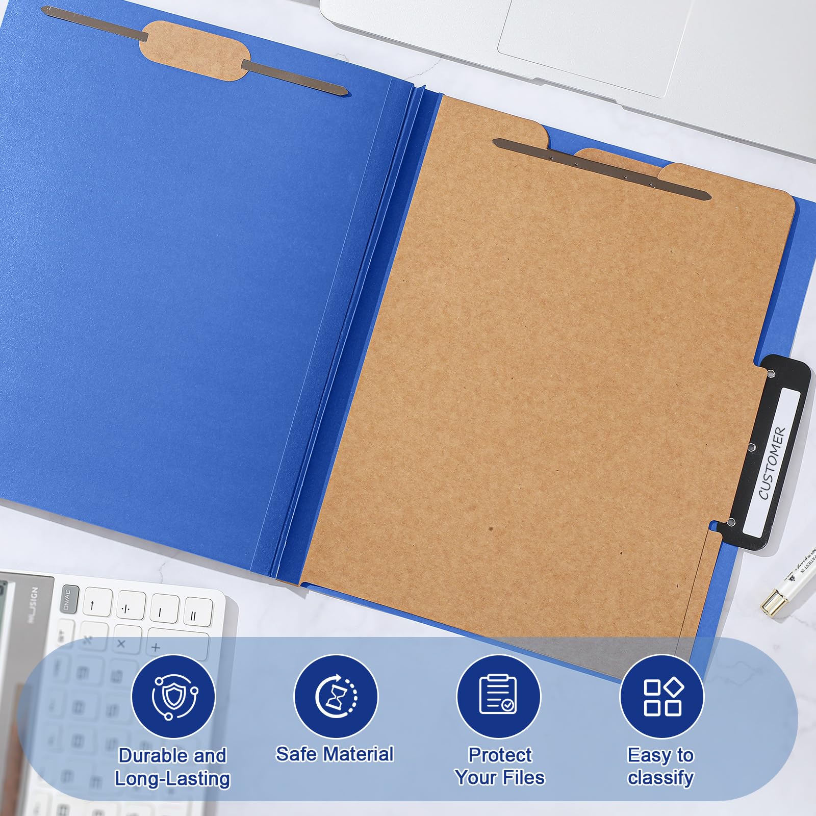 Henoyso 12 carpetas de clasificación con puntas, 2 divisores, pestaña de metal plana de corte de 1/3, expansión de 3 pulgadas, 60 calcomanías, carpeta de archivos azul tamaño carta con cierres para