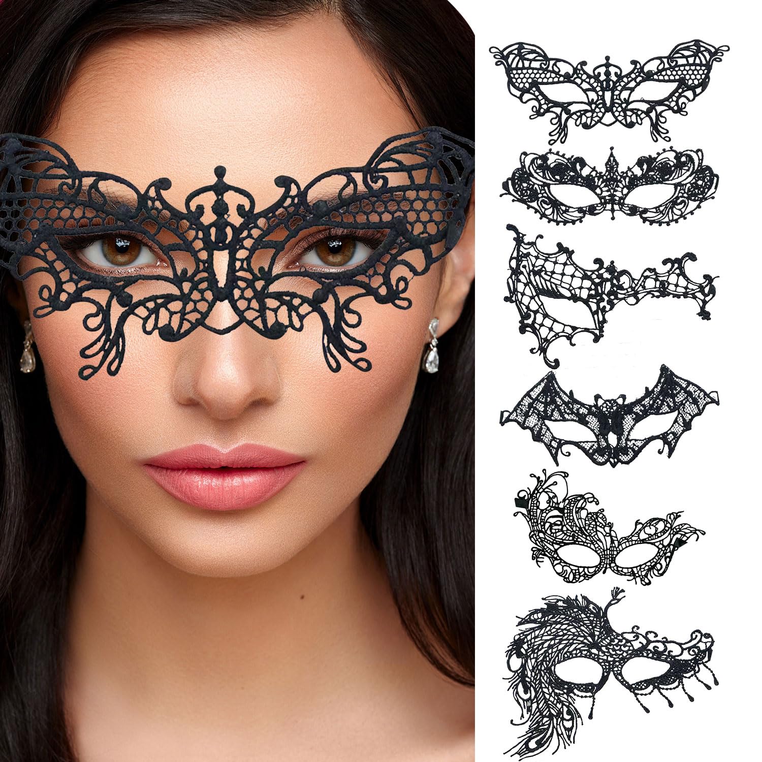 GAZIL Masquerade Mask 6-Pack for Women: Black Sexy Lace Eyemask with Embroidery for Carnival & Costume Parties, Elegant Masquerade Accessories