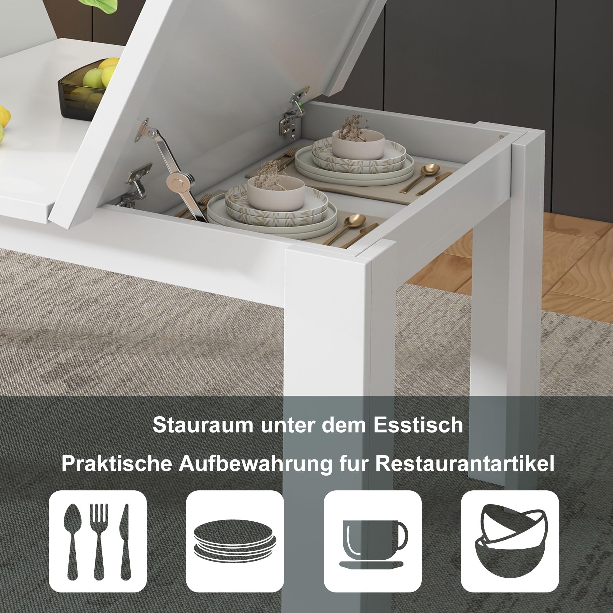 Merax Esstisch 120x70 cm mit verstecktem Stauraum, moderner rechteckiger Küchentisch, platzsparend, multifunktional als Schreibtisch oder Kaffeetisch, weiß