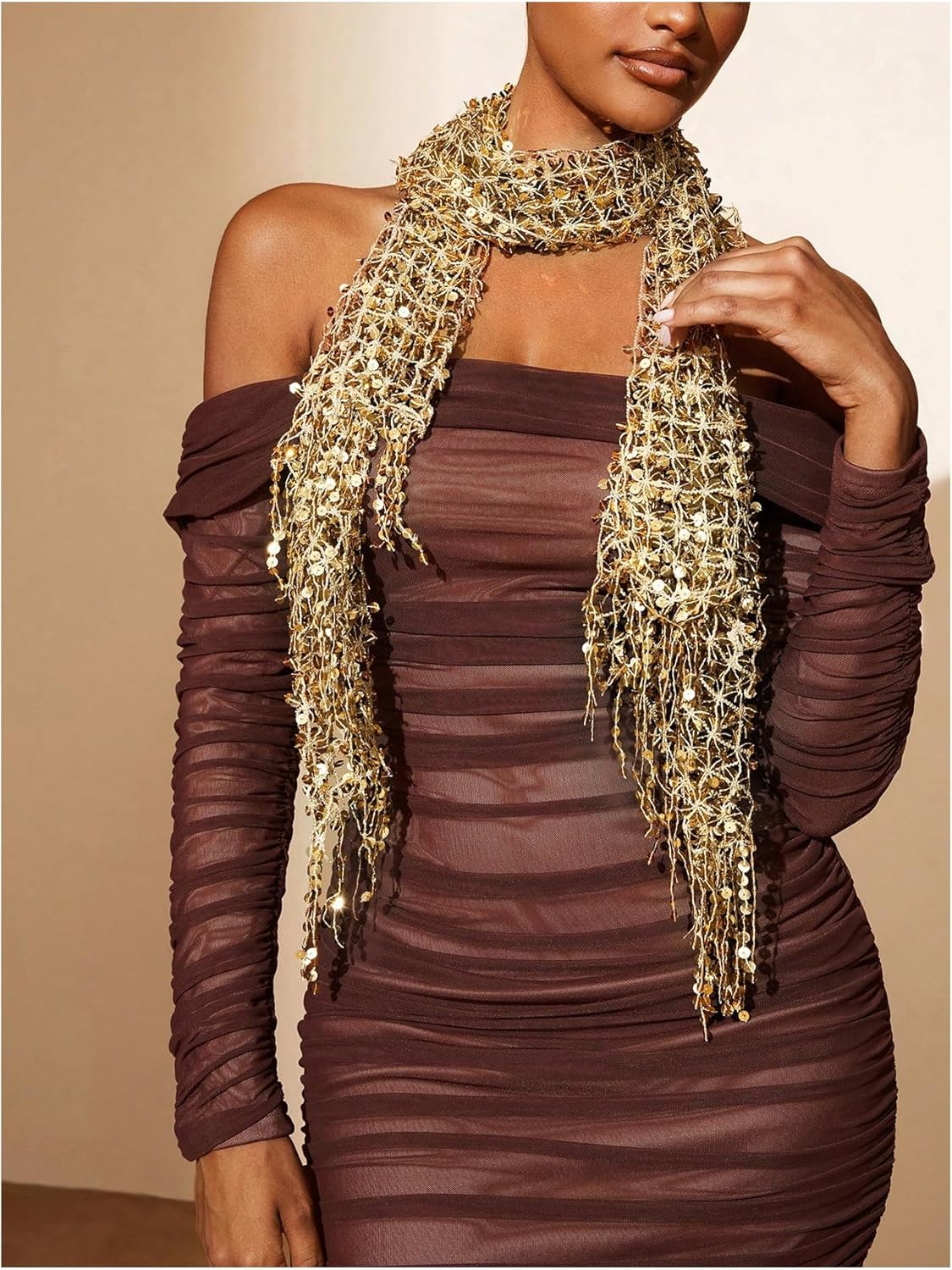 MakeMeChic Women's Sequin Sparkly Scarf Scarves Fringe Shawl and Wrap for Evening Dresses