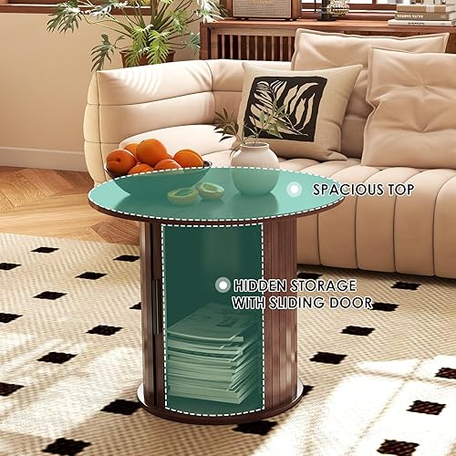 Miniatura 4 de Mesa auxiliar redonda de madera de 23.6 pulgadas con almacenamiento oculto y puerta corrediza, juegos de mesa auxiliar circular de granja para sala