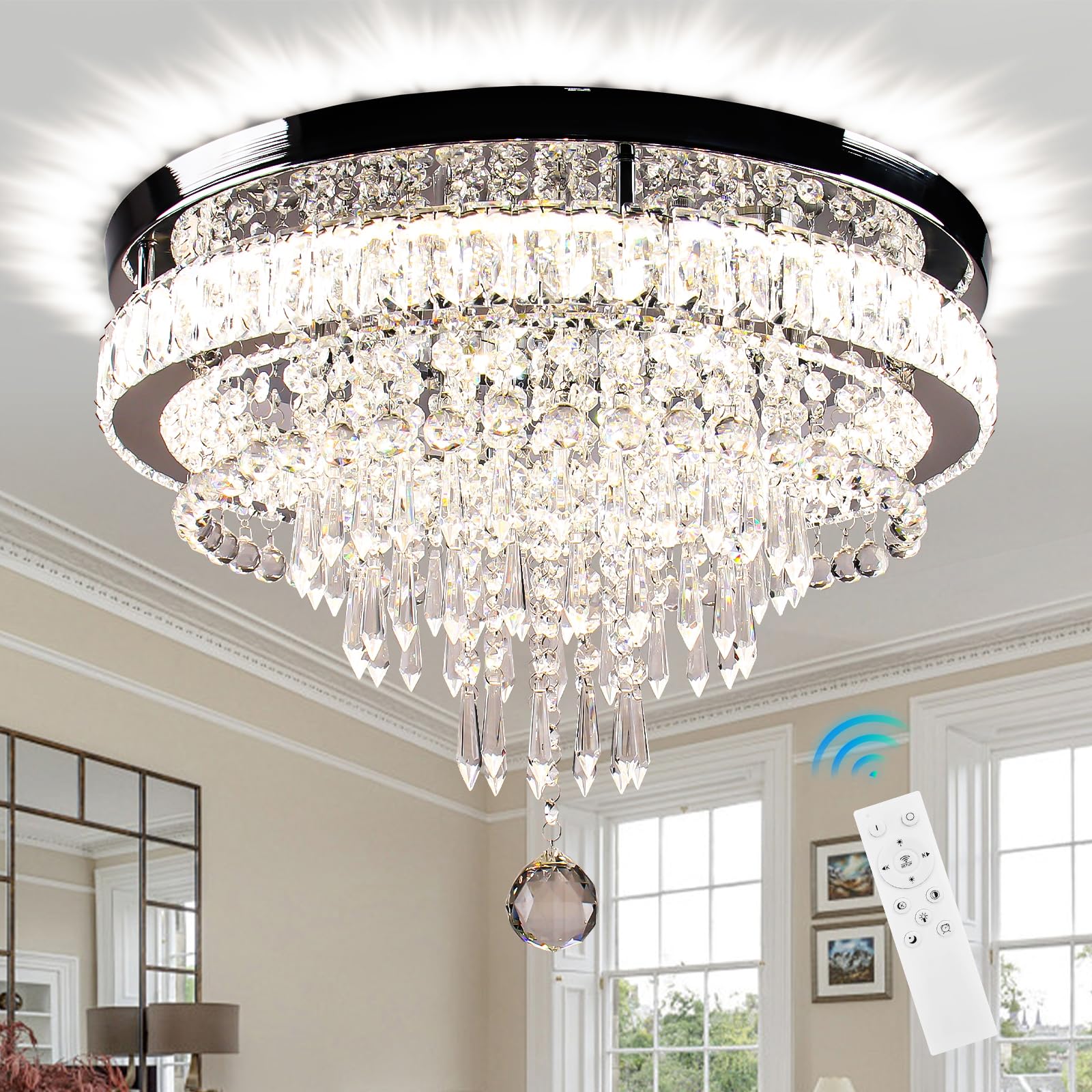 FRIXCHUR 19.7" Modern Crystal Chandeliers Crystal Ceiling Light LED Remote Control Chandelier Light Fixture for Bedrooms Living Room Dining Room Lights (Dimmable)
