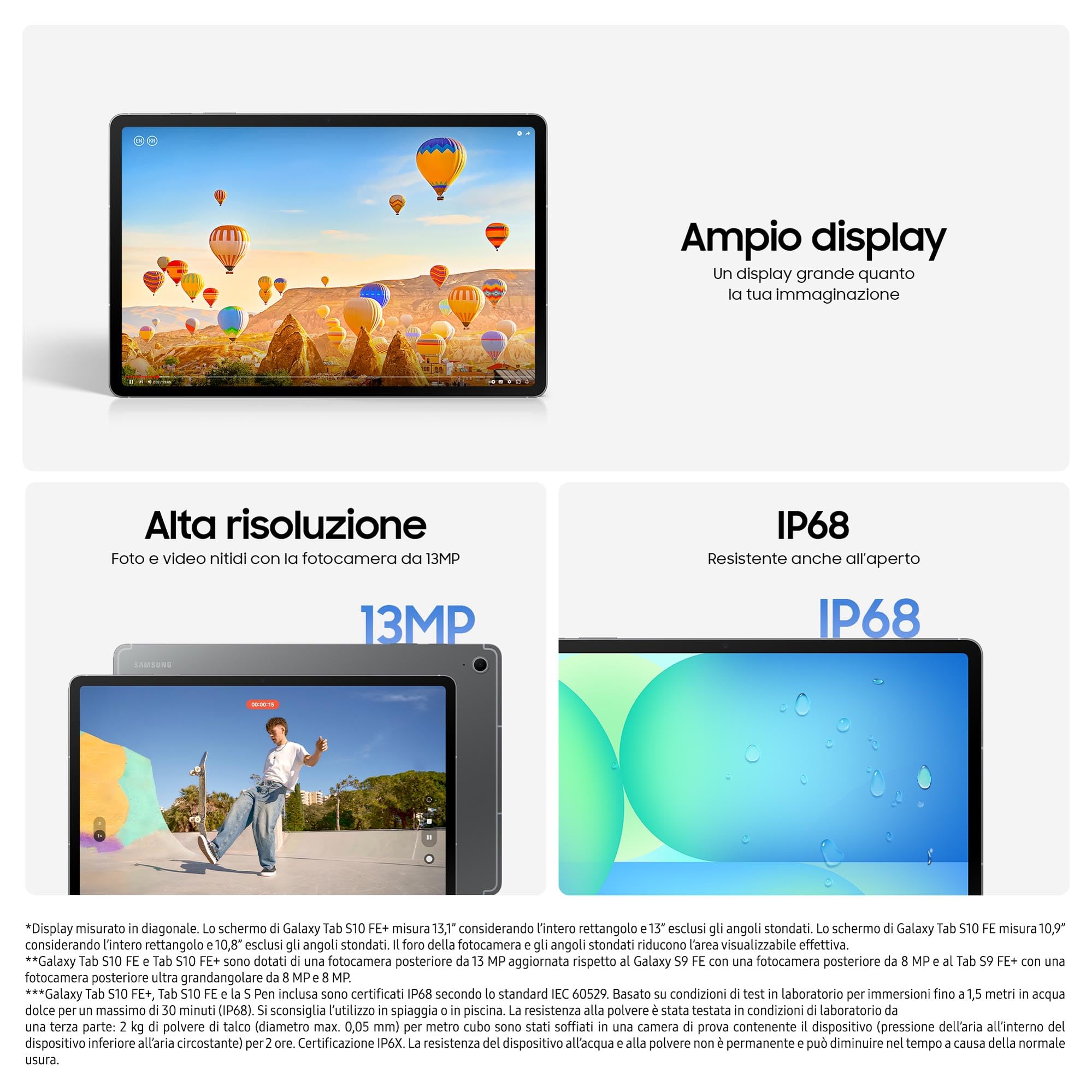 Samsung Galaxy Tab S10 FE+, 3 anni di garanzia, Android Tablet, Display 13.1"LCD, Wifi, RAM 8GB, 128GB, 10.090 mAh, S Pen, Android 15, IP68, Gray [Versione italiana]