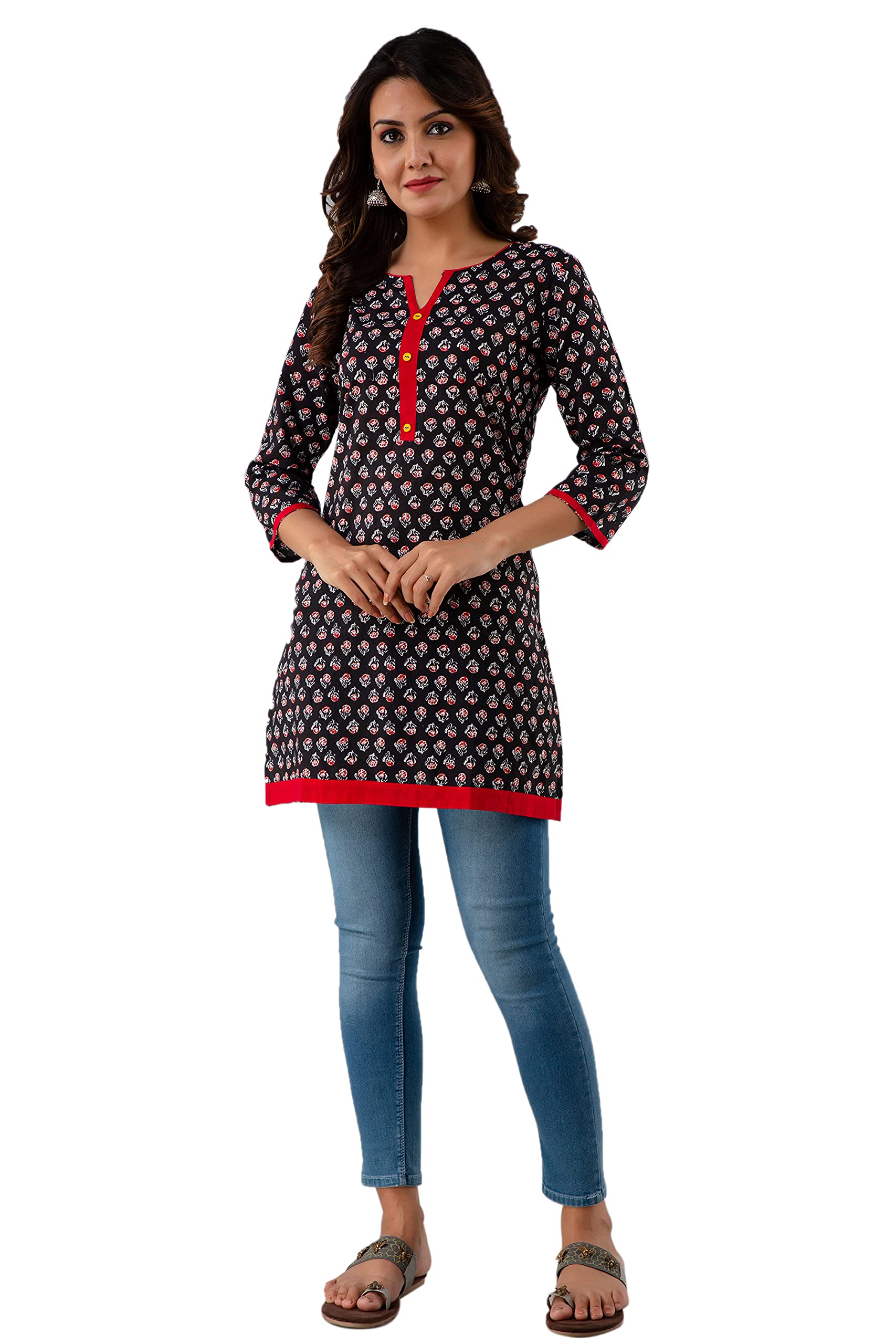 RapsodiaWomen's Cotton Black & Red Printed Straight Short Kurta