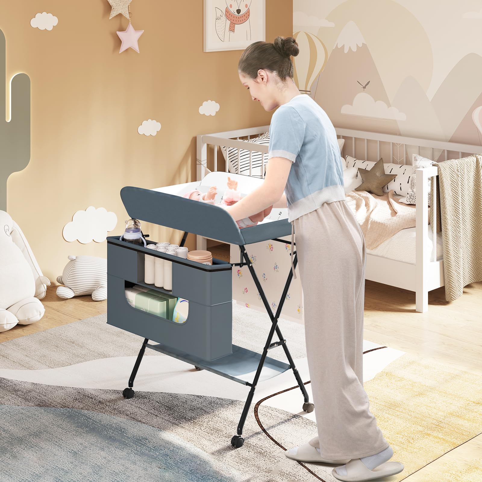 WOLTU Cambiador Bebé Plegable con Ruedas y Freno, Cambiador con Gran Espacio de Almacenaje, Tela Oxford Impermeable y Fácil de Limpiar, Color Gris