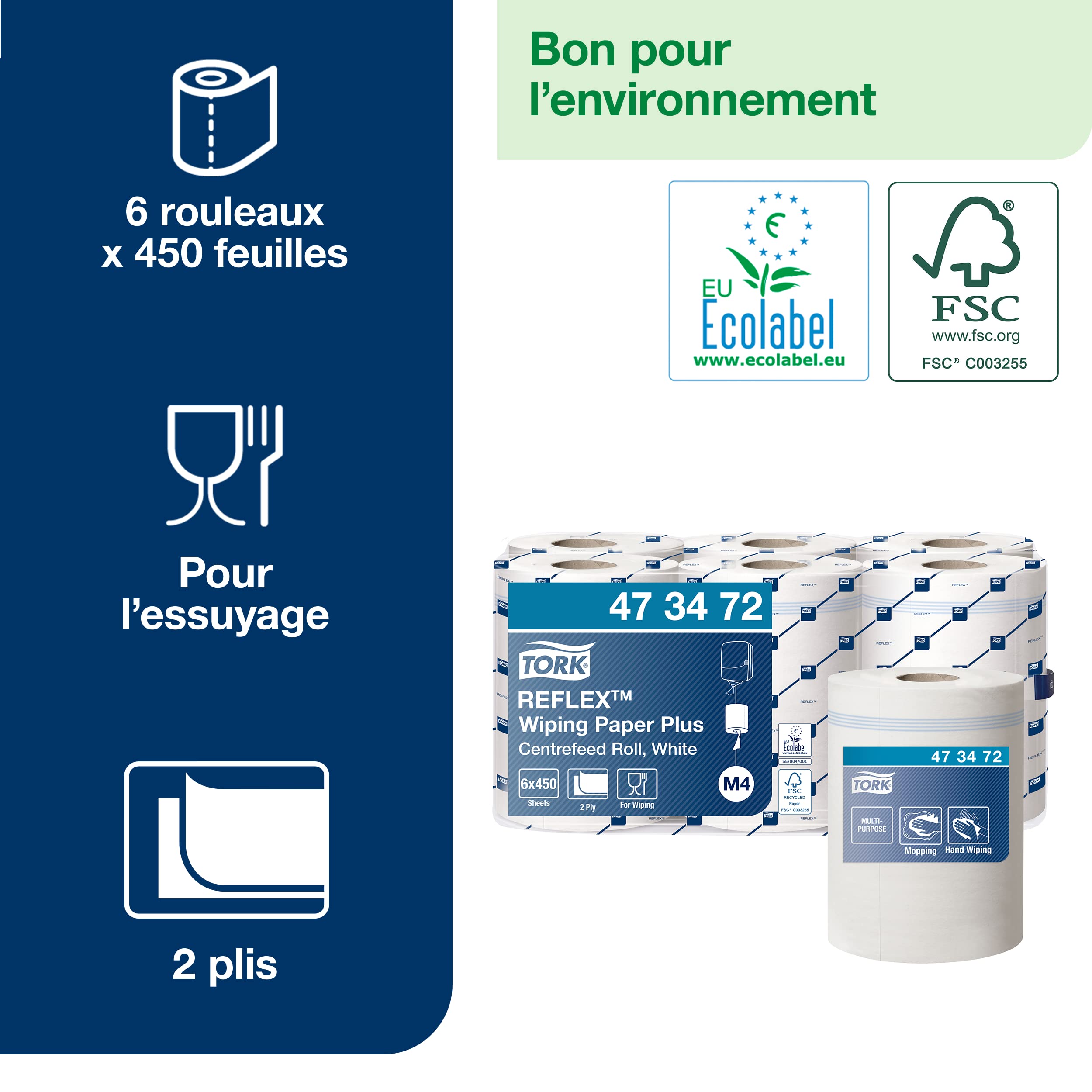 Tork Reflex Papier d'Essuyage Plus blanc M4, mandrin SmartCore, 6 x 450 feuilles, 473472
