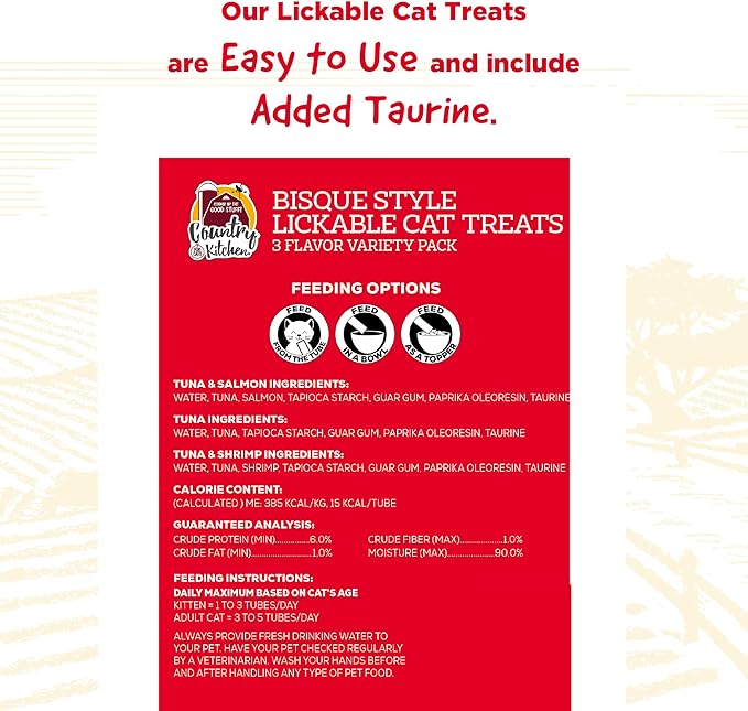 Country Kitchen, Bisque Lickable Cat Treats, Variedad 3 Sabores, 12 Tubos miniatura 6