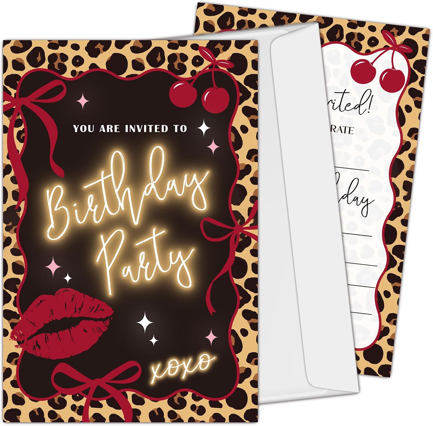 Cheetah Print Birthday Invitation - 20 Pink Bow Coquette Party Invite, 4 x 6 Inch Double-Sided Invitation with Envelopes, Cheetah Themed Party Decorations-A21