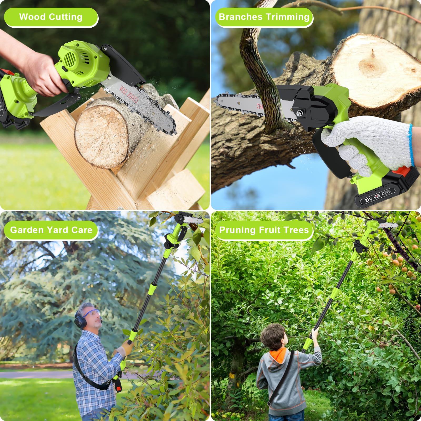 Élagueuse sur Perche Sans Fil et Mini Tronconneuse a Batterie 2 en 1 Tronconneuse Electrique 6 Pouces avec 2 Batteries, 4 Chaînes, Gant, Lunettes, Bandoulière, pour Jardin, Branches, Bois