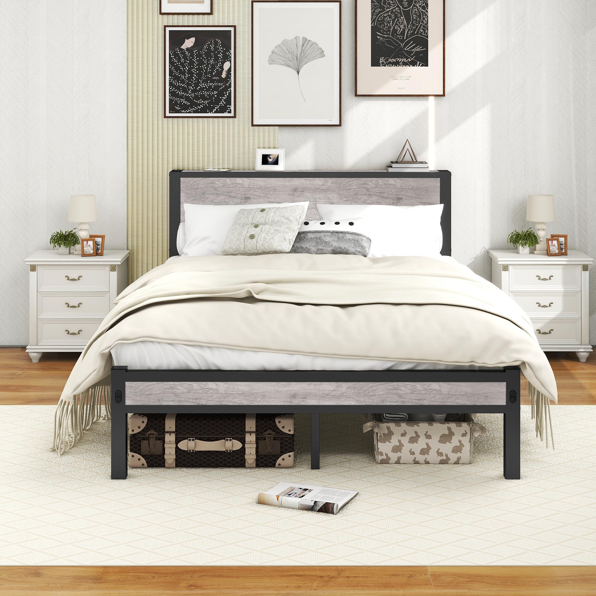 DUMEE Double Bed Frames with Wooden Storage Shelf Headboard, Metal Platform Bed Frame Double, No Box Spring Needed, Noise Free, Reinforced Strong Support Leg,Black+Grey Oak1 — image 1