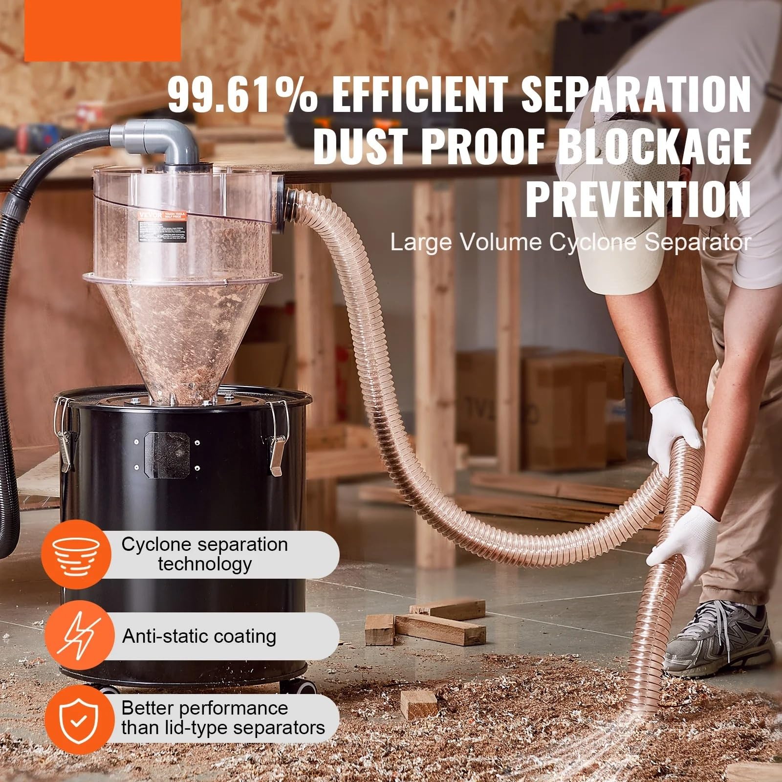 Separador de polvo ciclónico: Adaptable a colectores de polvo, ABS Dust Deputy for aspiradoras de taller húmedas y secas, compatible con tanques de 5 a 10 galones