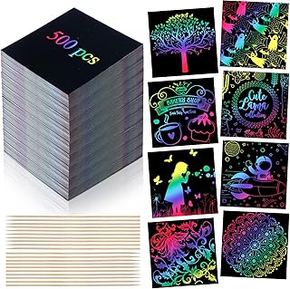 Lenwen 500 Pack Rainbow Scratch Crafts Note Scratch Pads for Kids Rainbow Scratch Paper DIY Paper Craft Arts Kits with 20 Bamboo Stylus Rainbow Party Favors