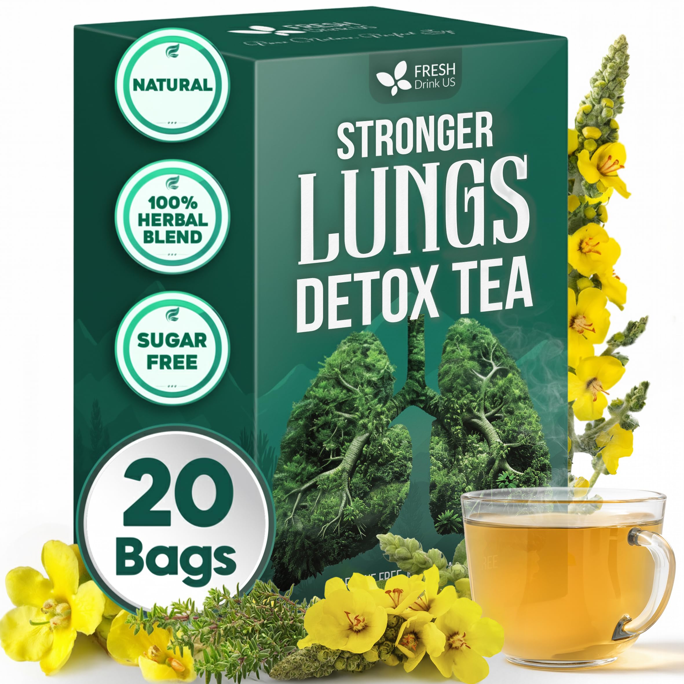 FreshDrinkUS StrongerLungs 20 Tea Bags - Mullein Leaf, Ginseng, Elderberry, Ginger & Thyme - Supports Lung Cleanse, Congestion Relief & Mucus Detox - Caffeine-Free & All-Natural