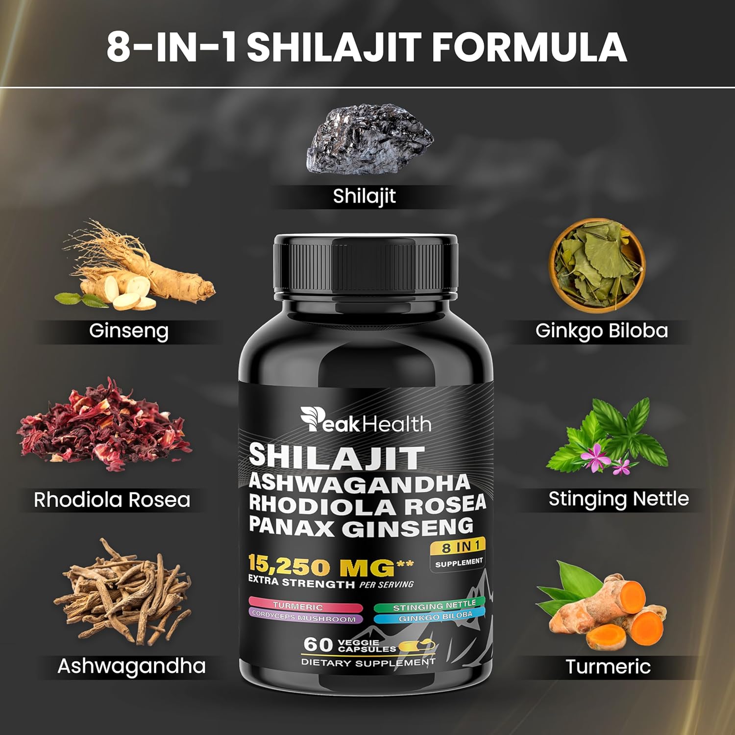Shilajit Sea Moss Black Seed Oil Ashwagandha Capsules for Man Woman,2 Bottle Combo with Turmeric, Panax Ginseng, Rhodiola,19,445mg Herbal Formula,Energy & Immune Support, 60 Capsules - Image 3