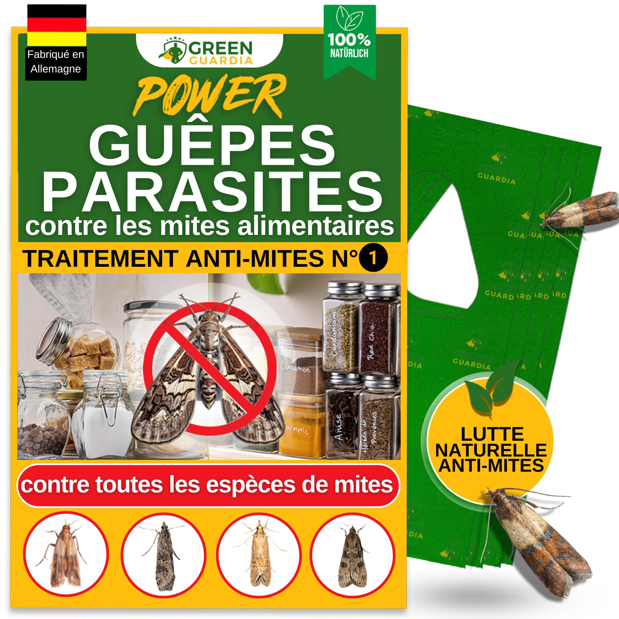 GREEN GUARDIA Guêpes parasites contre les mites alimentaires, 15 cartes par 1 livraison, lutter efficacement et écologiquement contre les mites alimentaires, alternative au piège à mites, spray