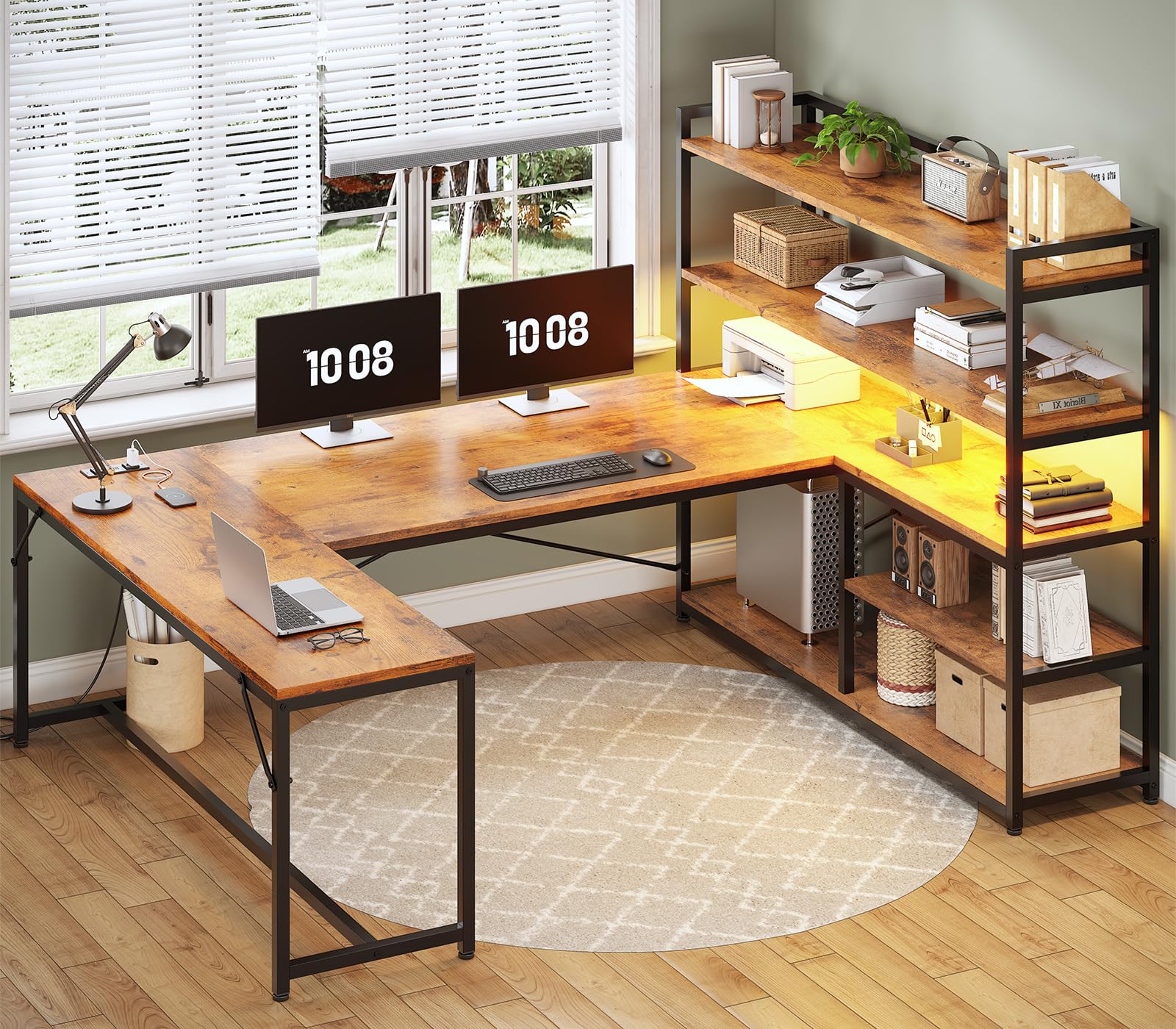 SEDETA L Shaped Desk with Storage Shelves, 63” Reversible U Shaped Office Desk, Gaming Desk with Power Outlet and LED Lights for Home Office, Rustic Brown