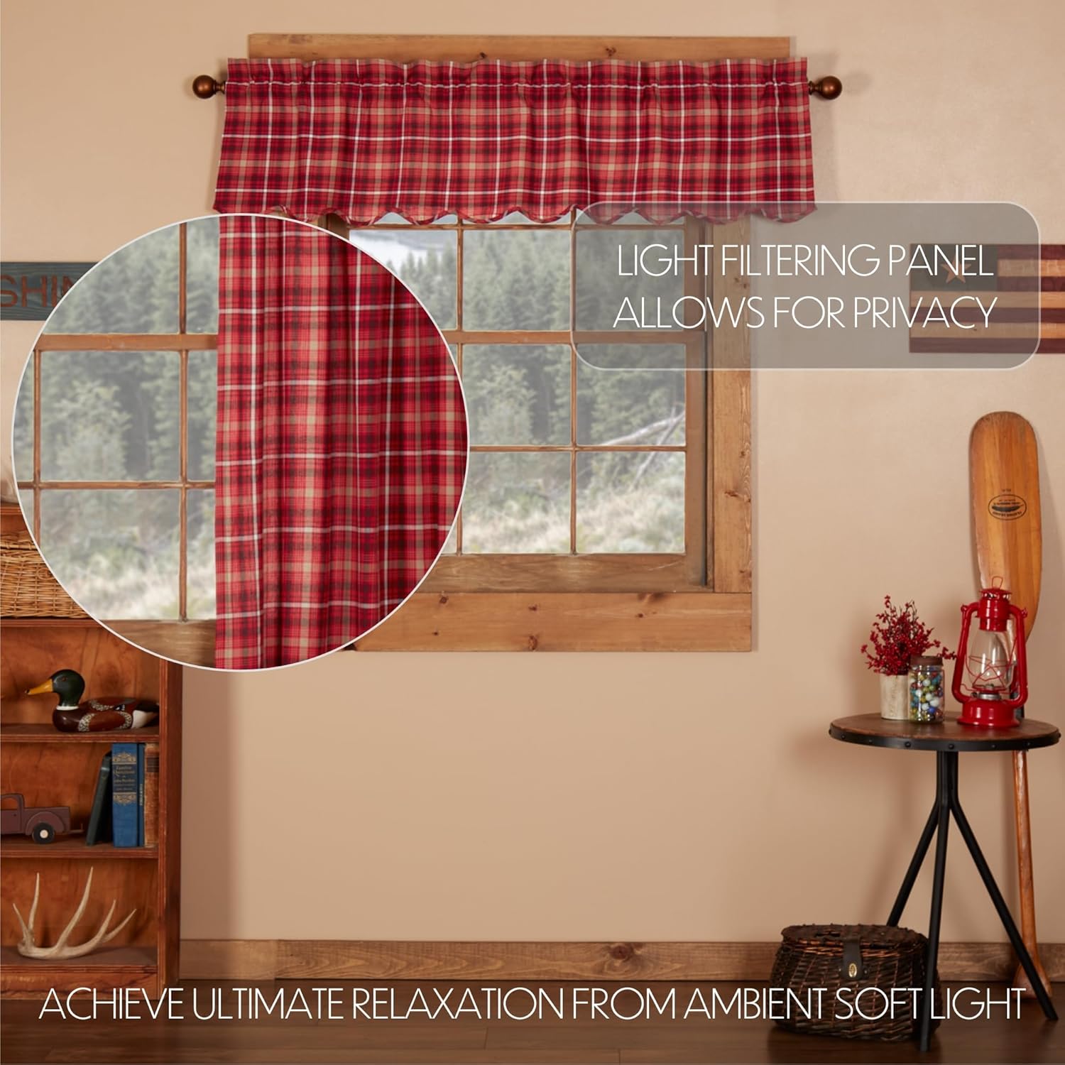 VHC Brands Rustic Red Plaid Braxton Scalloped Curtain for Kitchen & Dining Room Valance 16x60