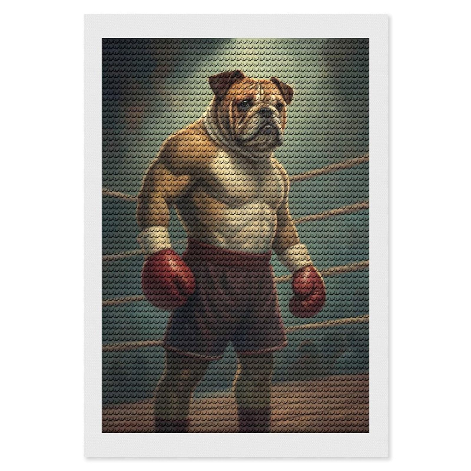 Junmoney Bulldog Boxer in Ring Round Drill Diamond Painting 8"x12", for Women, Relaxing DIY Hobby, Bedroom Decor, Christmas Gift, Adhesive Canvas