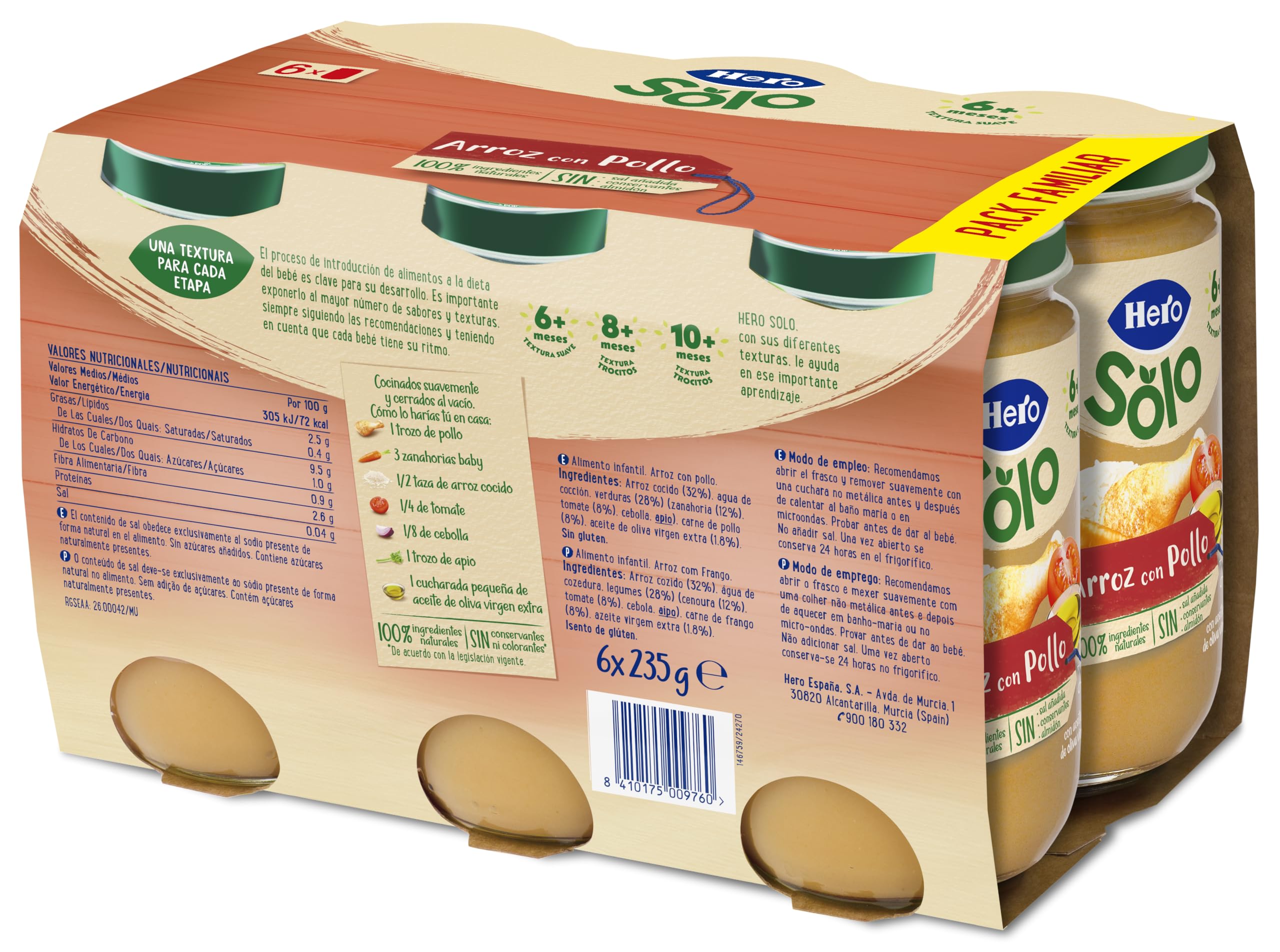 Hero Solo Tarritos de Arroz con Pollo, Packs de 6 x 235gr
