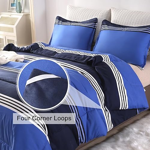 Miniatura 2 de ENCOFT Juego de edredón azul tamaño King, edredón de 3 piezas con patrón de rayas azul marino, 104 x 90 pulgadas, con 2 fundas de almohada,