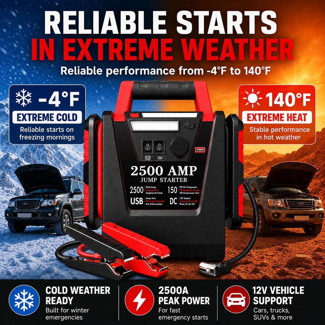 Arrancador de Coches Portátil 2500A con Compresor de Aire 150 PSI, Arrancador de Baterías 12V (Motores Gasolina/Diésel hasta 8.0L), Booster Batería, Jump Starter 20000mAh, Luz LED 500LM