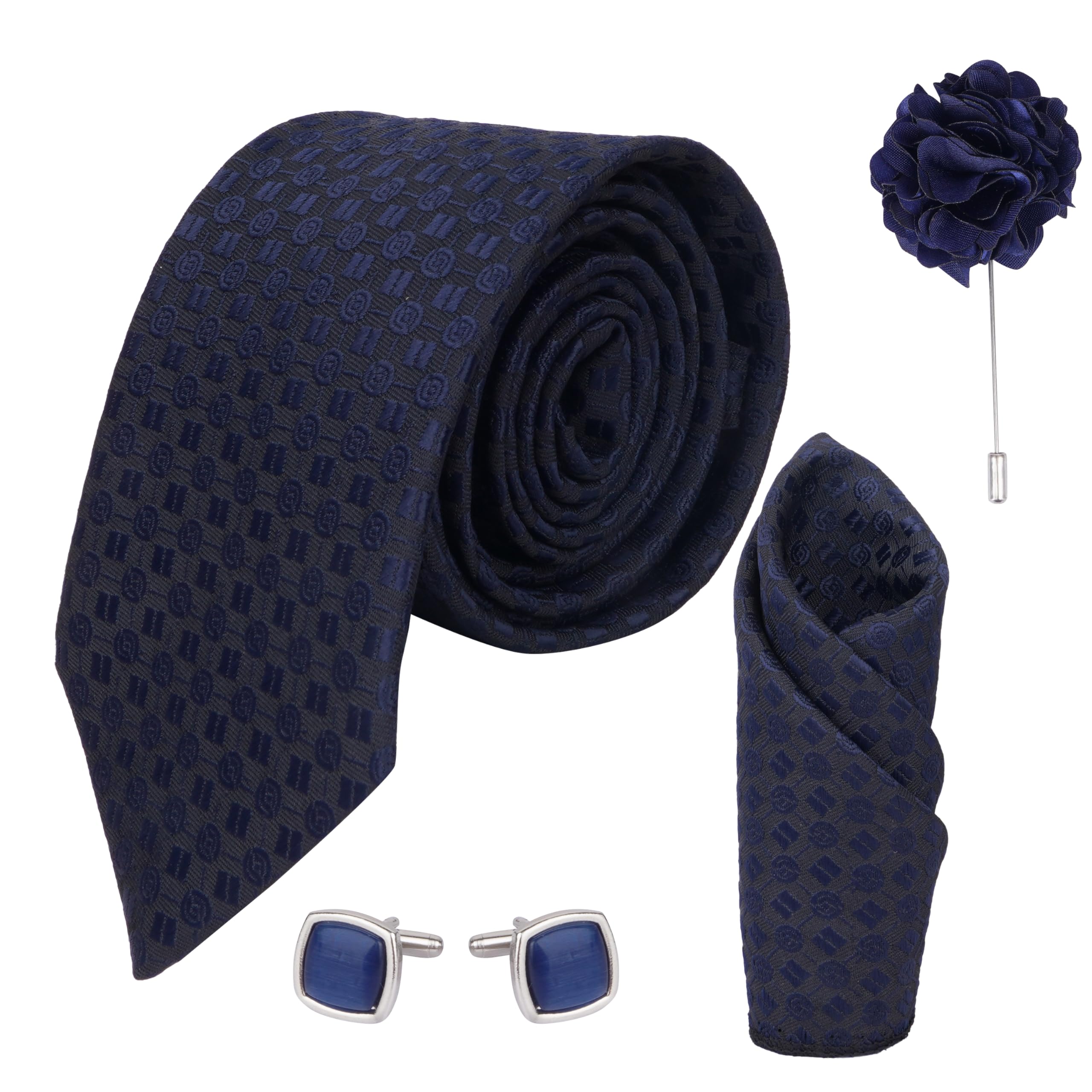 calixto Men's Microfibre Italian, Floral Printed Necktie Tie With Pocket Square,Lapel Pin,Cufflinks (Leatharite Gift Box) (Pack of 4) 12-picture-26