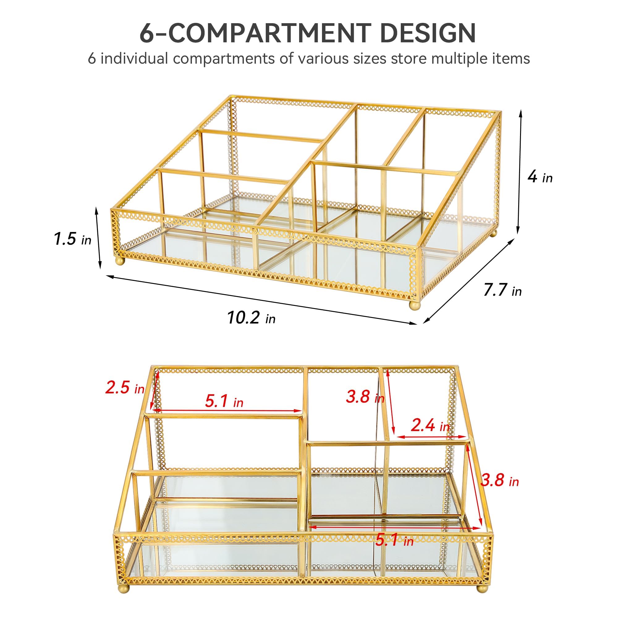 REDHUGO Makeup Organizer with 6 Sections, Make Up Holders and Organizers for Brushes, Make Up, Perfume, Makeup Holder for Desk, Bathroom, Vanity, Gold