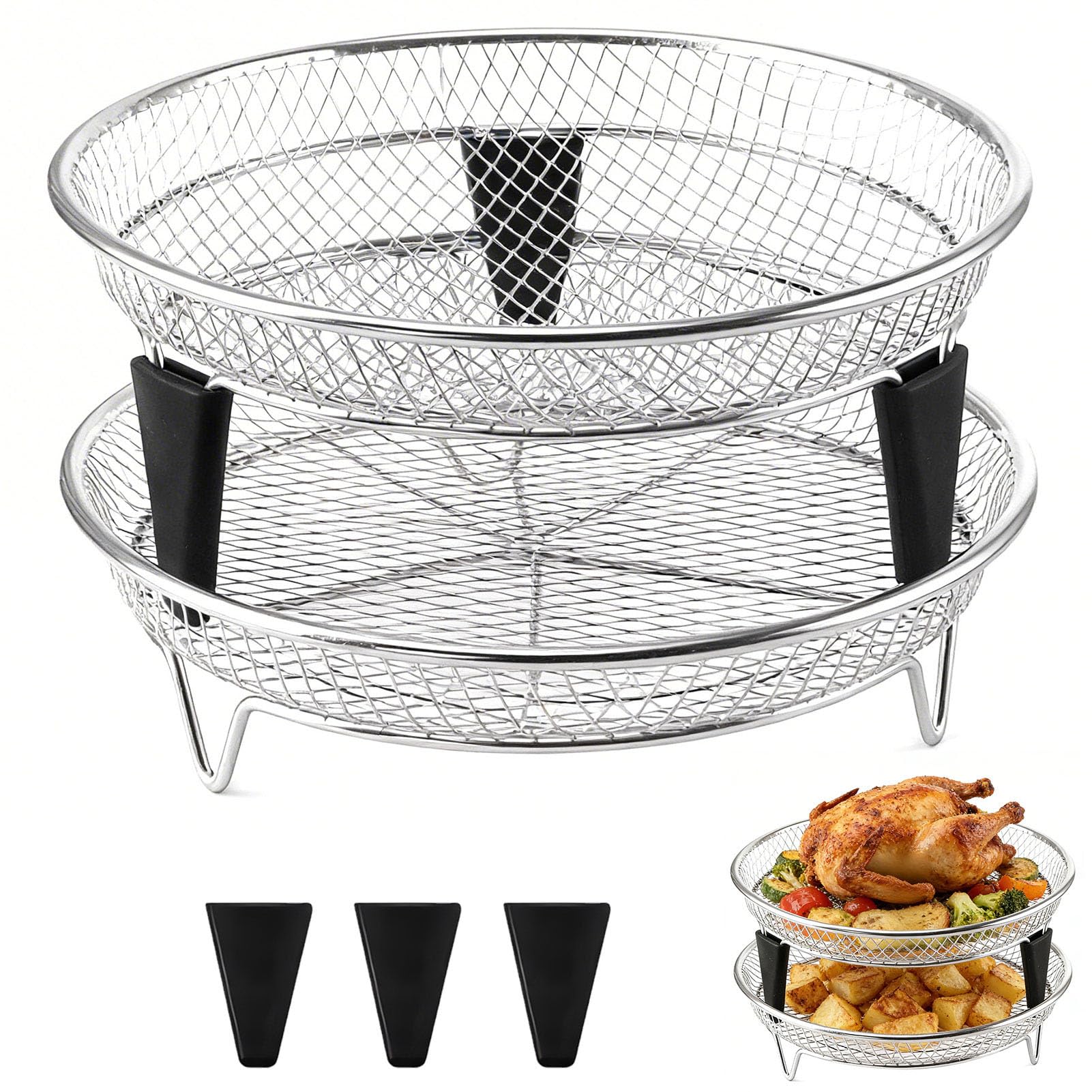 Airfryer Zubehoer, Heißluftfritteuse Zubehör Rund,Stapelbare Airfryer Gitter für Heißluftfritteuse,Air Fryer Grillrost Edelstahl 304,Einsatz für Heissluftfritteuse,für Ninja/COSORI/Philips (18cm-B)