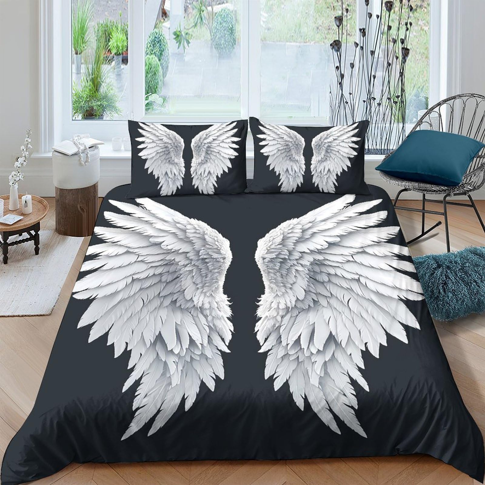 Ctjqhvkz Style-3 3D Printed Angel Wings Fitted Sheet Microfiber Soft Black Artistic Bed Cover Bedroom Decor Protection Single（135X200cm）