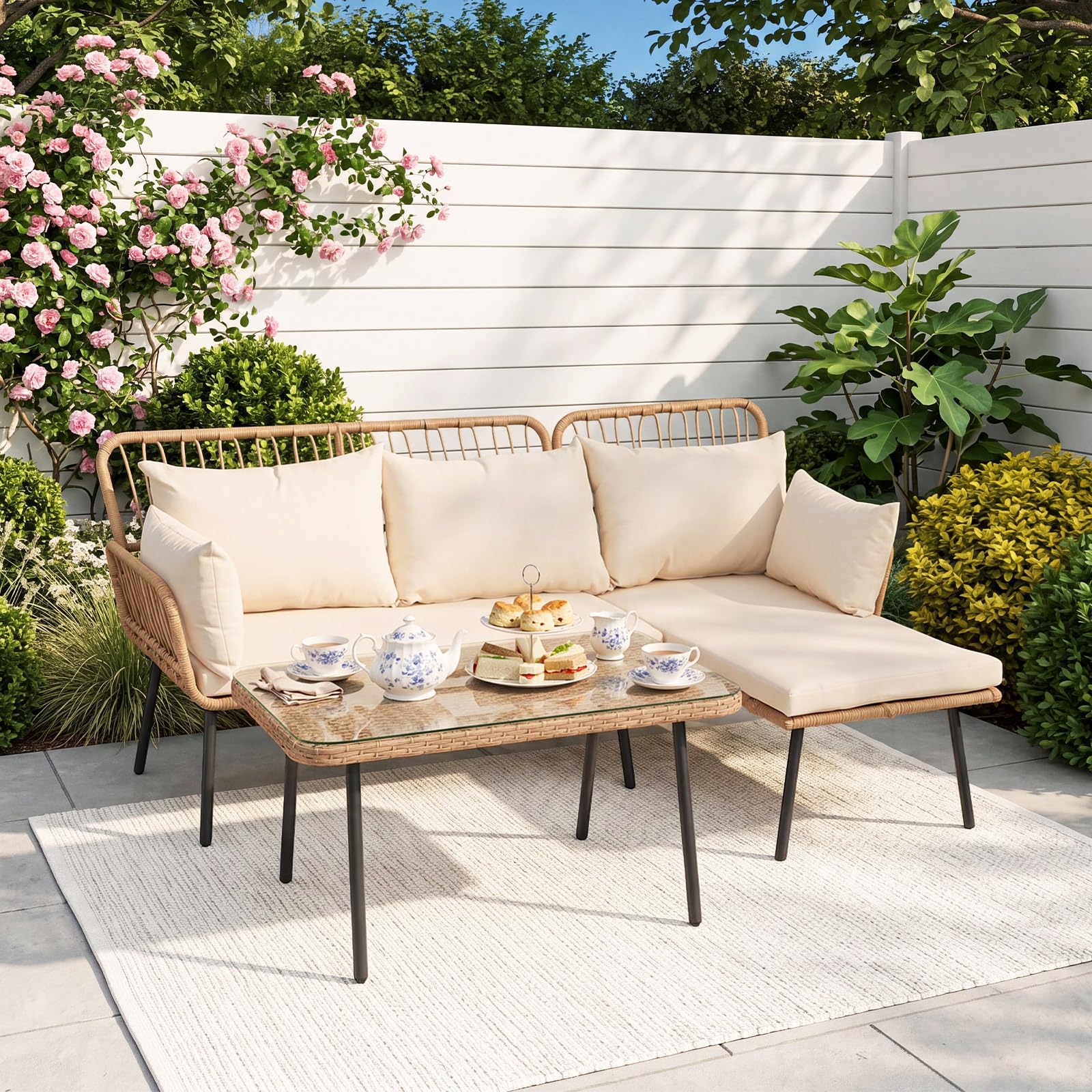 COSTWAY Lounge Möbel Outdoor, Polyrattan Gartenlounge mit Tisch und Kissen, Gartenmöbel Set, Balkonmöbel, Terrassenmöbel, Sitzgarnitur, 3-teilige Sitzgruppe für Garten, Balkon, Terrasse