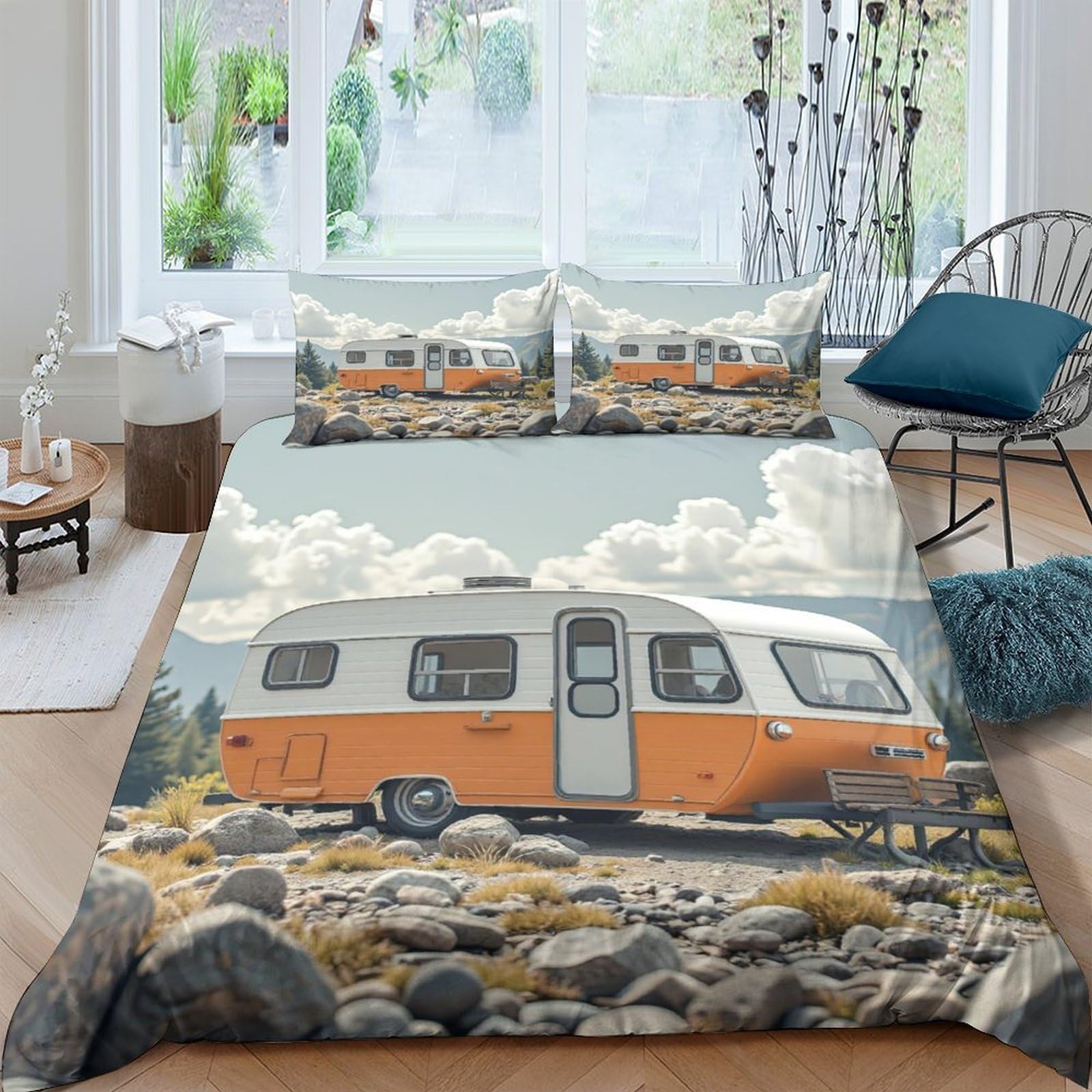 Ctjqhvkz Style-6 3D Printed Retro Camper Fitted Sheet Microfiber Soft Orange Caravan Mattress Cover For Bedroom Dorm Decorative Protection Single（135X200cm）
