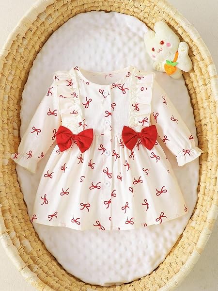 Robe de bébé fille boutonnée sur le devant en coton doux à manches longues à volants pour les vacances bébé imprimé nœud - 1