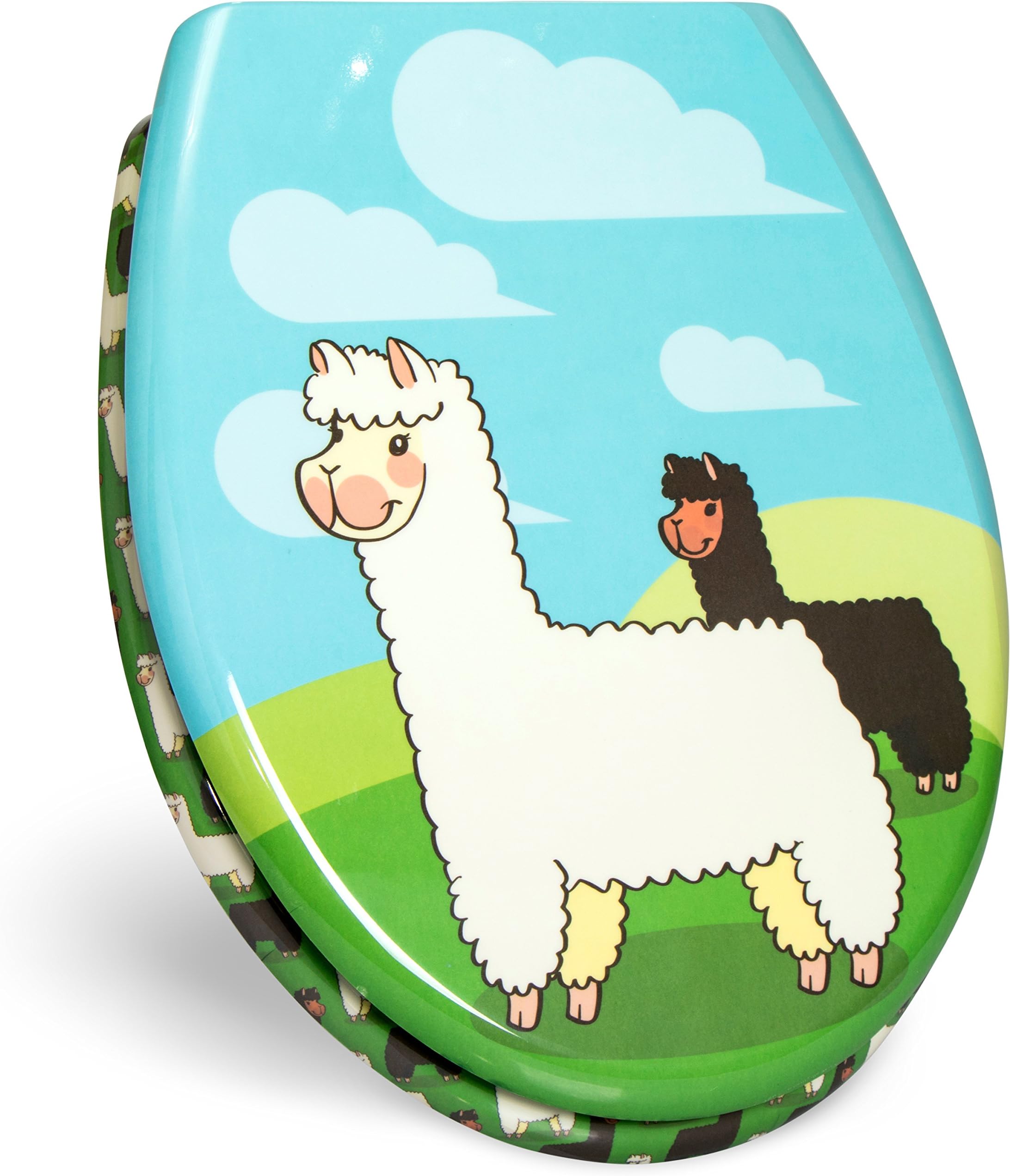 WC Seat with Slow Close Mechanism - "Alpaca" design - Duroplast Toilet Seat with Motif and Mounting Kit - Grinscard
