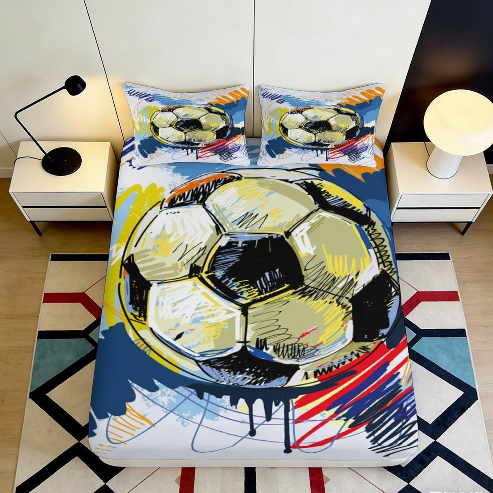 3D Printed Graffiti Football Fitted Sheet Microfiber Deep Pocket Bedroom Bedding Set Non-Slip Graffiti Football Mattress Fitted Cover Elastic Hem for Adults 200x200x25cm