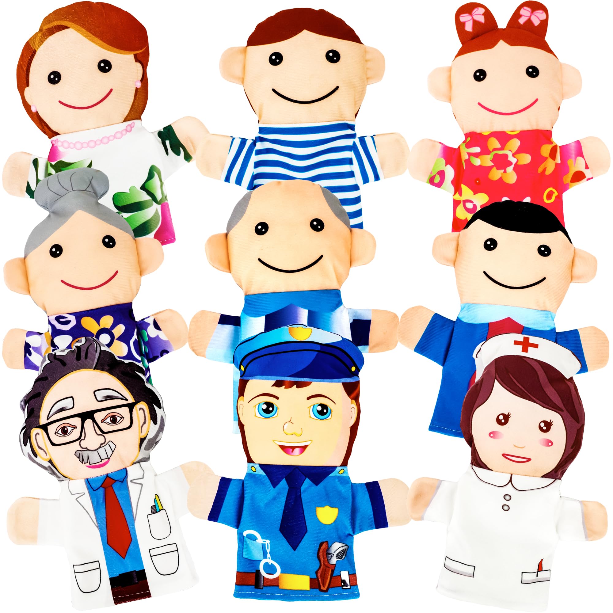 9 Pcs Family Puppets Profession People Hand Puppet Plush Grandparents Mom Dad Brother Sister Police Scientist Nurse Puppets for Kids Adults