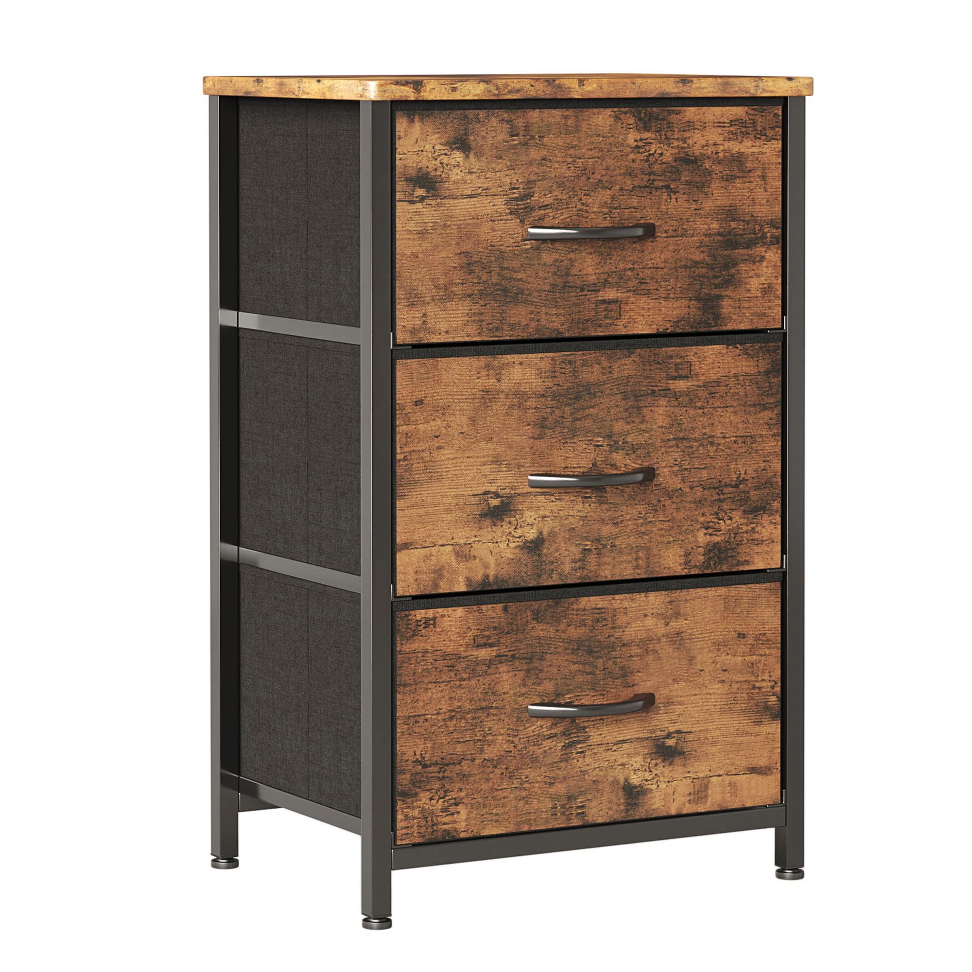 CAIYUN Nachttisch mit 3 Stoffschubladen, Schmaler Kommodenschrank für Schlafzimmer, Wohnzimmer und Flur, Holzplatte, Platzsparend, Schwarz, Modernes Design