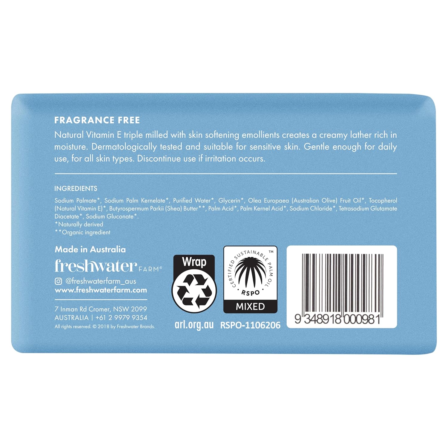 Freshwater Farm Australia Soothing Castile Natural Body Bar/Soap Bar for Women/Men- Moisturising Natural Vitamin E Soap. Nourishing Essential Oils For Dry, Sensitive Skin-200g x 8 Pack