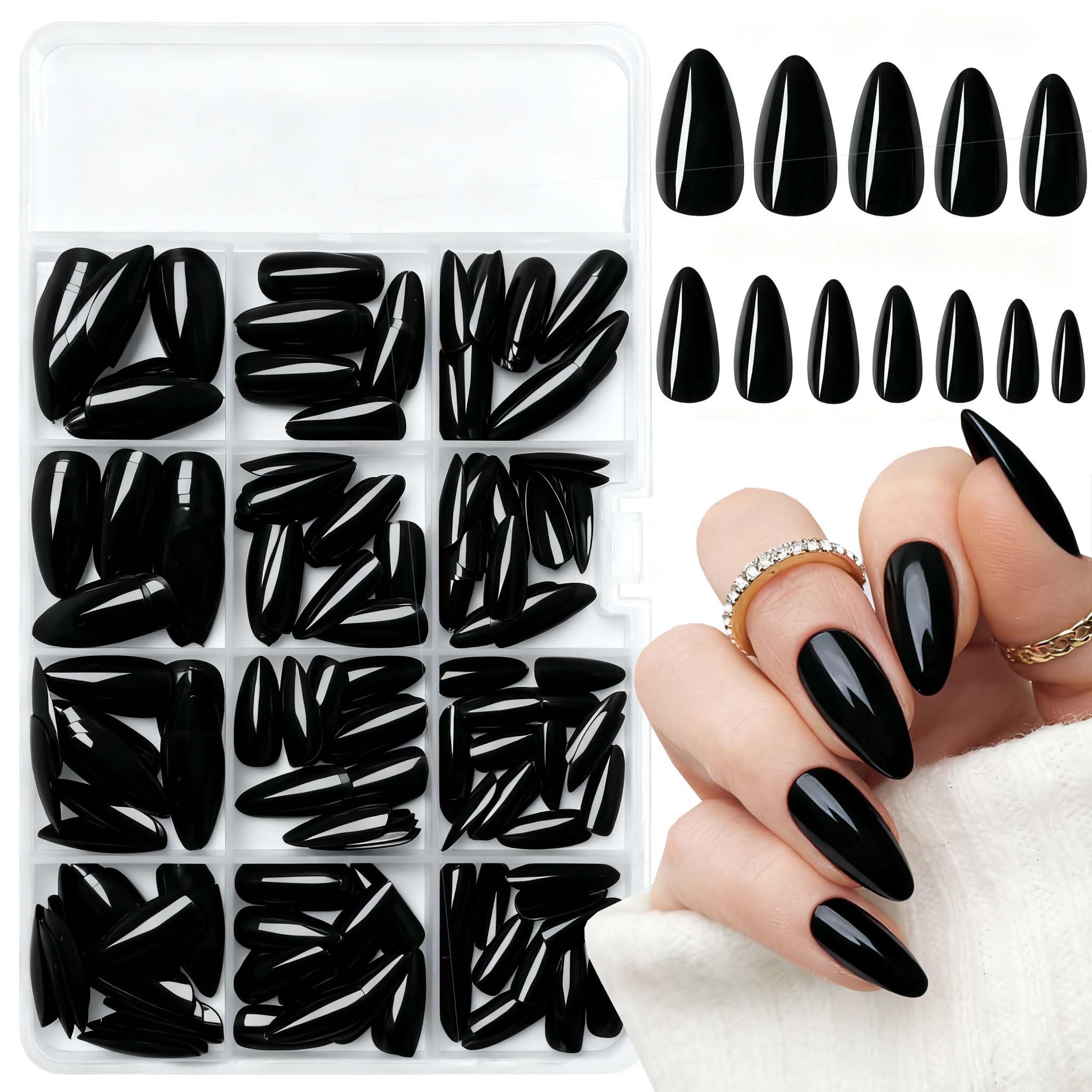 LoveOurHome 240pc Almond Press on Nails Medium Black Fake Nail Tips Full Cover Glue Almond Acrylic Nails Press ons Nail Short Stiletto False Artificial Fingernail & Glue Adhesive Tabs for Women Girls
