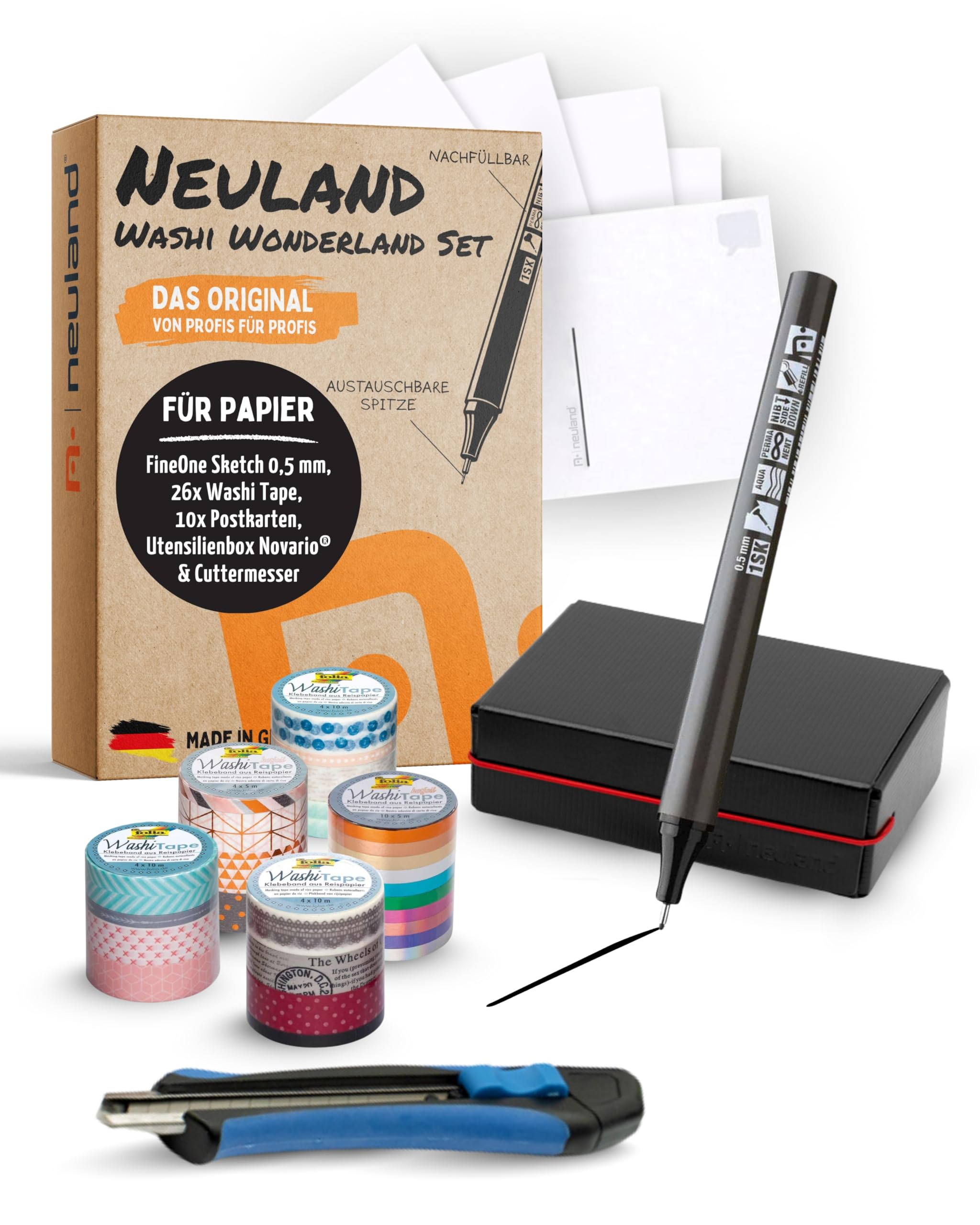 Neuland Washi Tape Set I FineOne Sketch Fineliner 0,5 mm in Schwarz - verwischfest & Utensilienbox Novario® I Washi Tape Set Inkl. Profi Cuttermesser mit Ersatzklingen & Postkarten DIN A6
