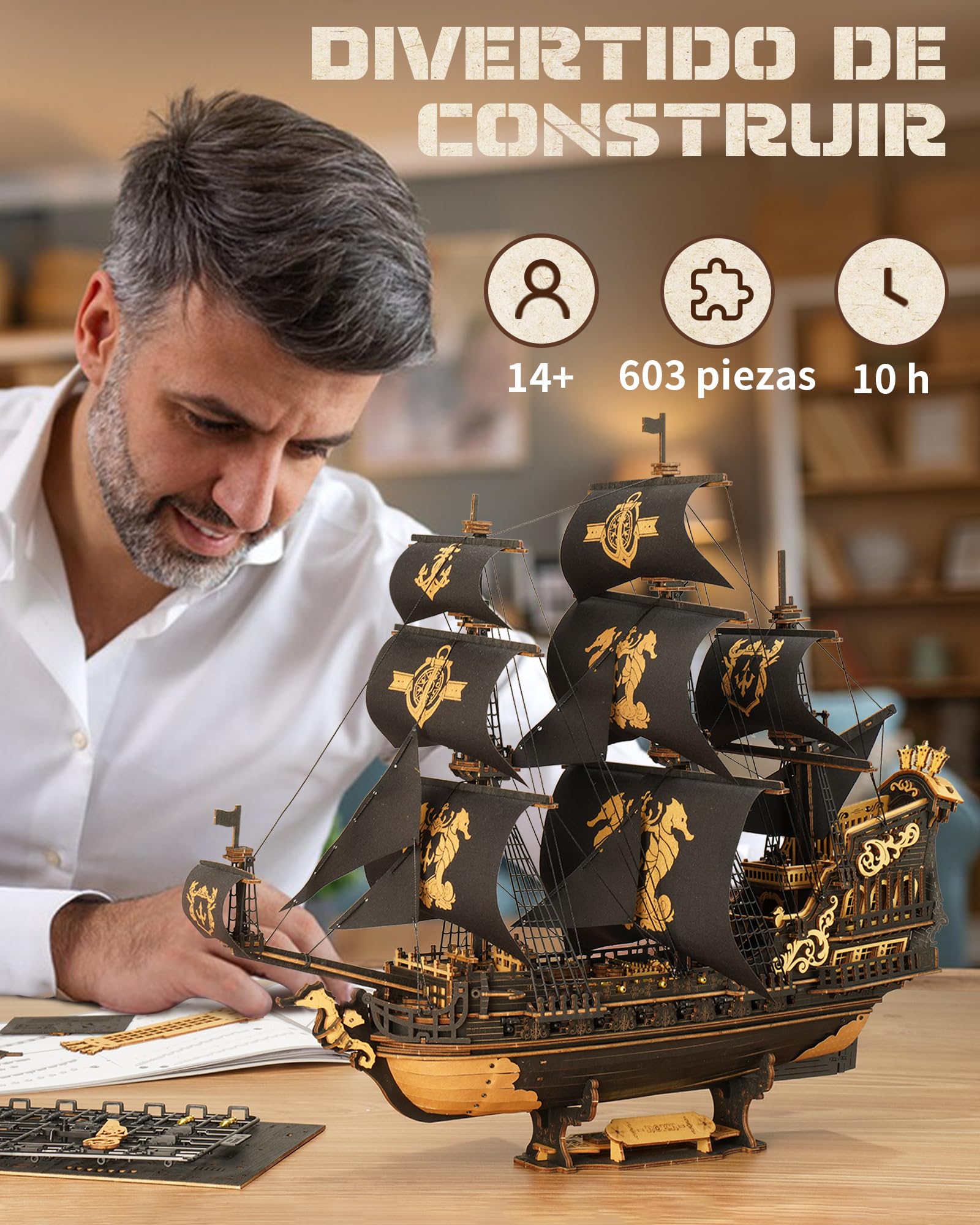 ROKR Kits de Maquetas de Barcos de Madera Con Rompecabezas 3D Para Adultos, Velero Mecánico DIY, Maquetas Para Adultos, The Seahorse Barque MCB02