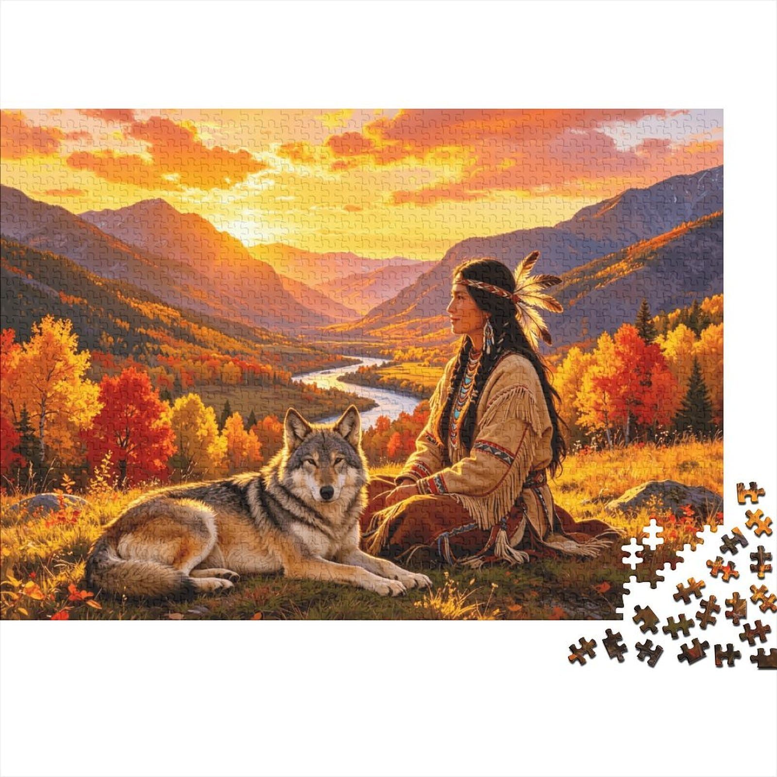 Native American Puzzle for Adults 1000Pc Recyclable Paper Autumn Wilderness Jigsaw Puzzle Parent Child Game Props Developing Boy & Girl‘s Intelligence Toy 38x26cm/1000pcs